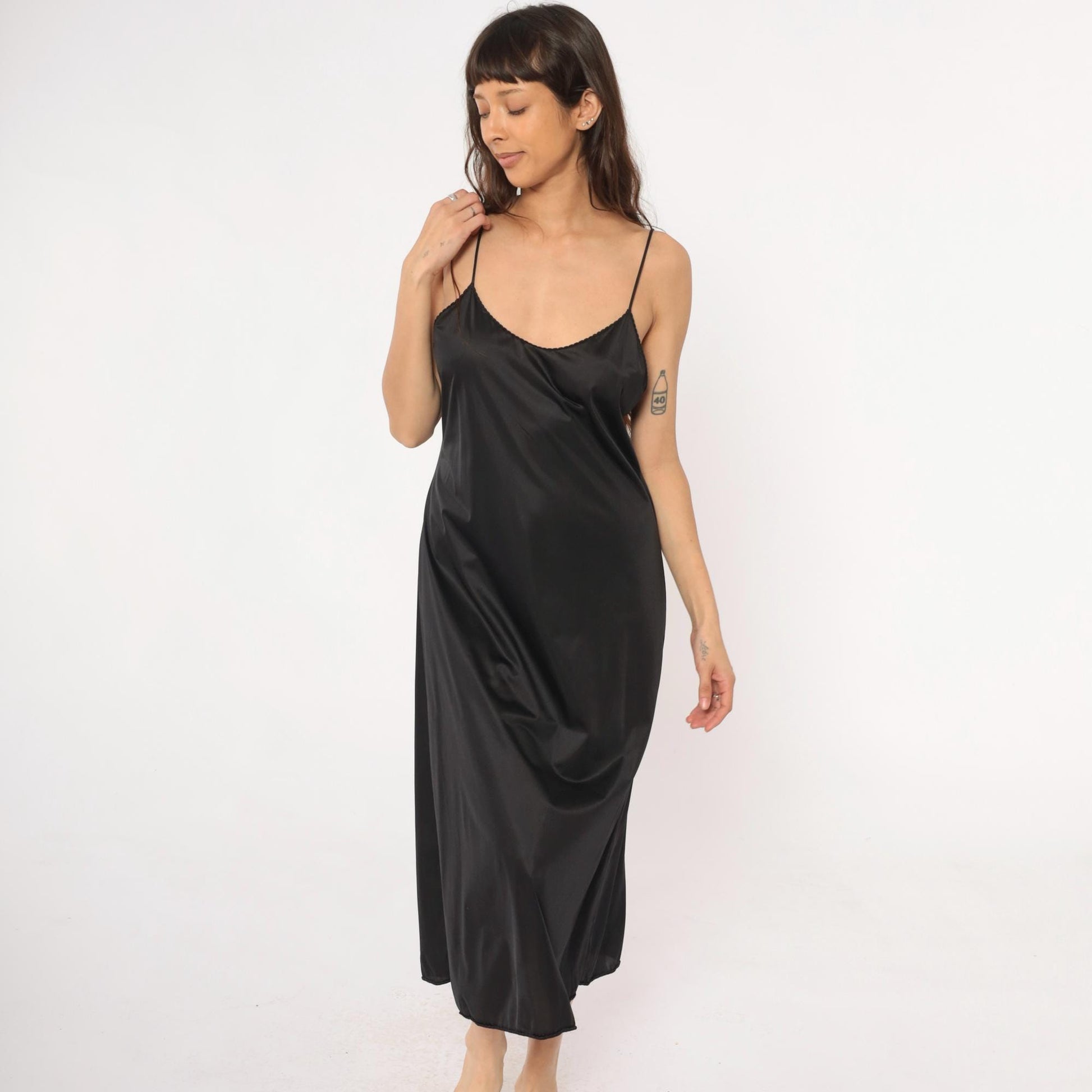 90s Vanity Fair Black Slip Dress Spaghetti Strap Lace Trim Midi Medium