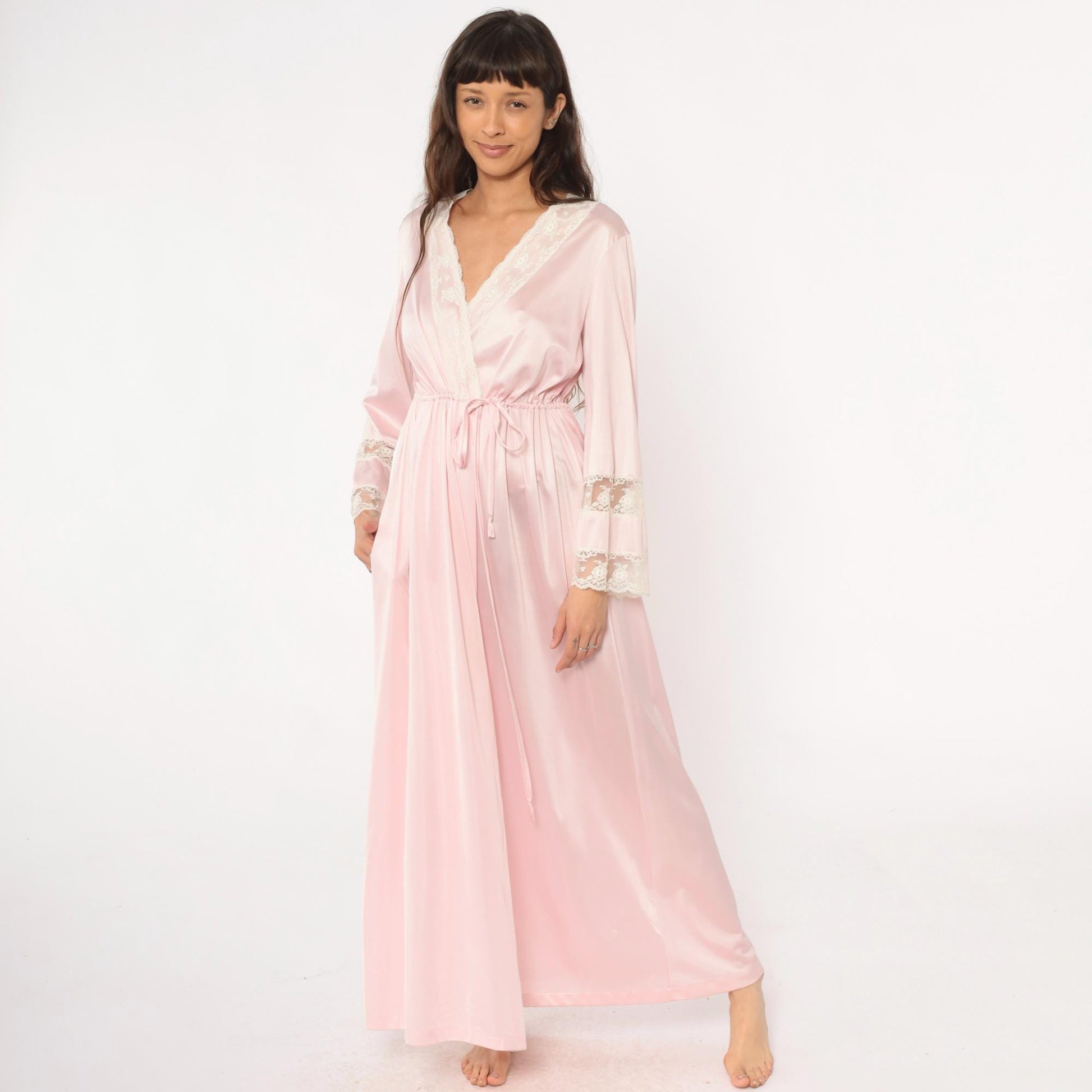 90s Pink Lace Wrap Robe Maxi Long Sleeve Tie Waist Nightgown Medium