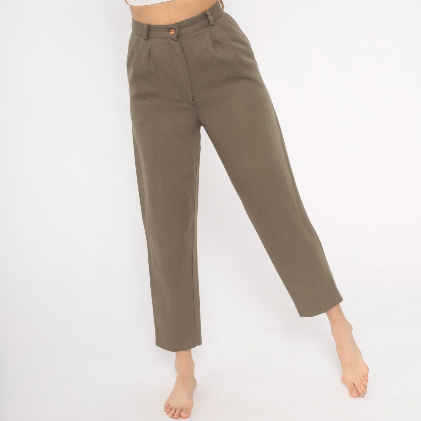 80s Olive Pleated High-Waist Trousers Tapered Ankle Cropped Slacks Extra Small XS