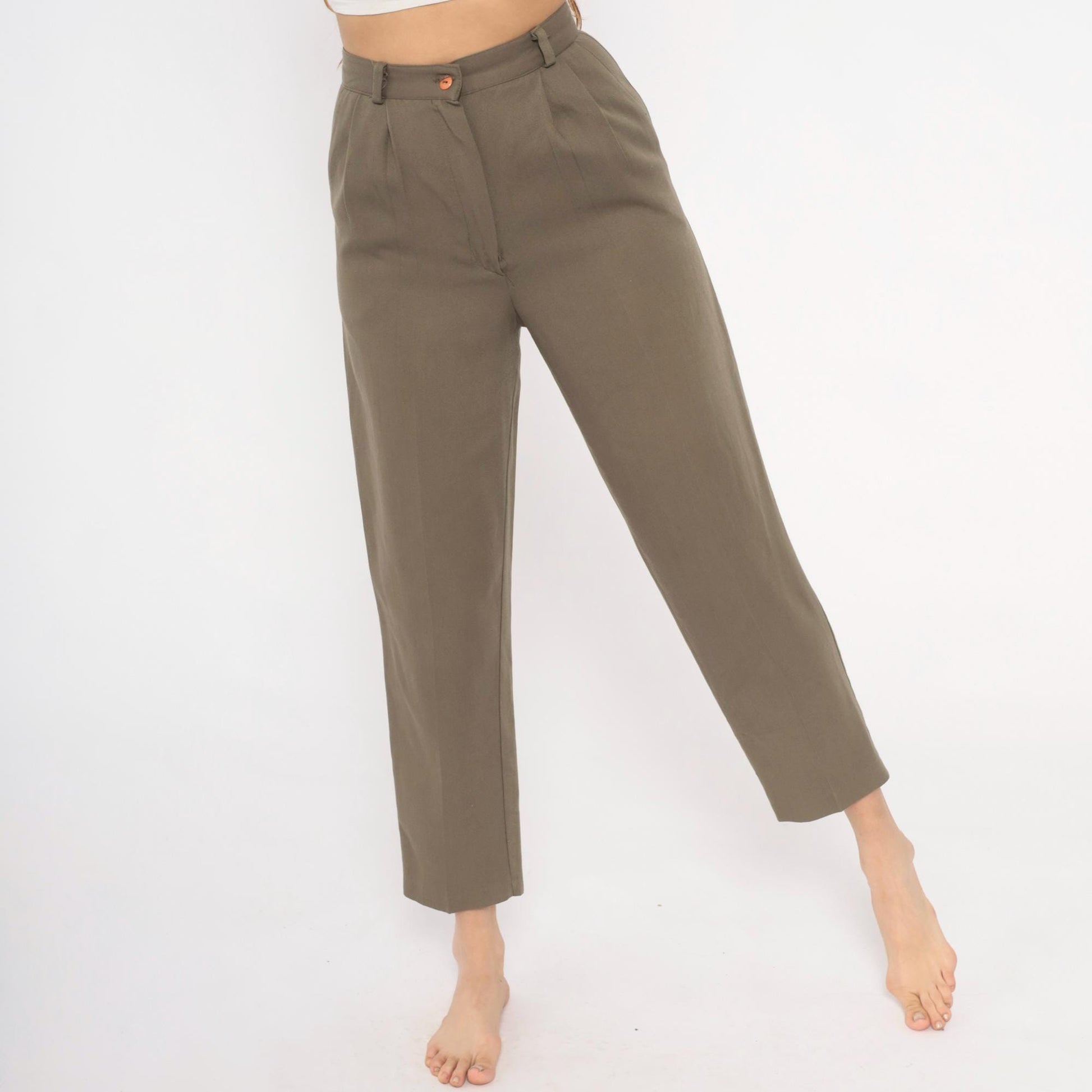 80s Olive Pleated High-Waist Trousers Tapered Ankle Cropped Slacks Extra Small XS