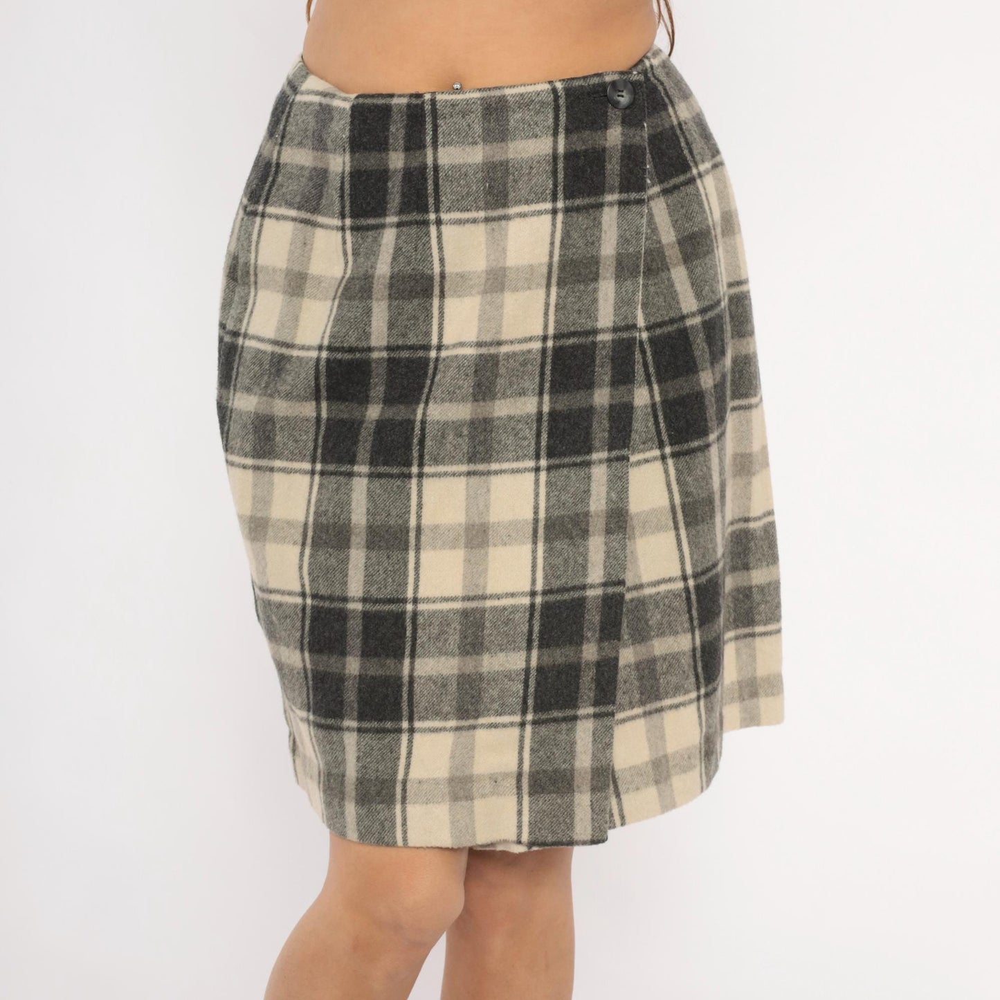 2000s Lands End Plaid Wool Mini Skirt Charcoal Cream Wrap Front Medium M