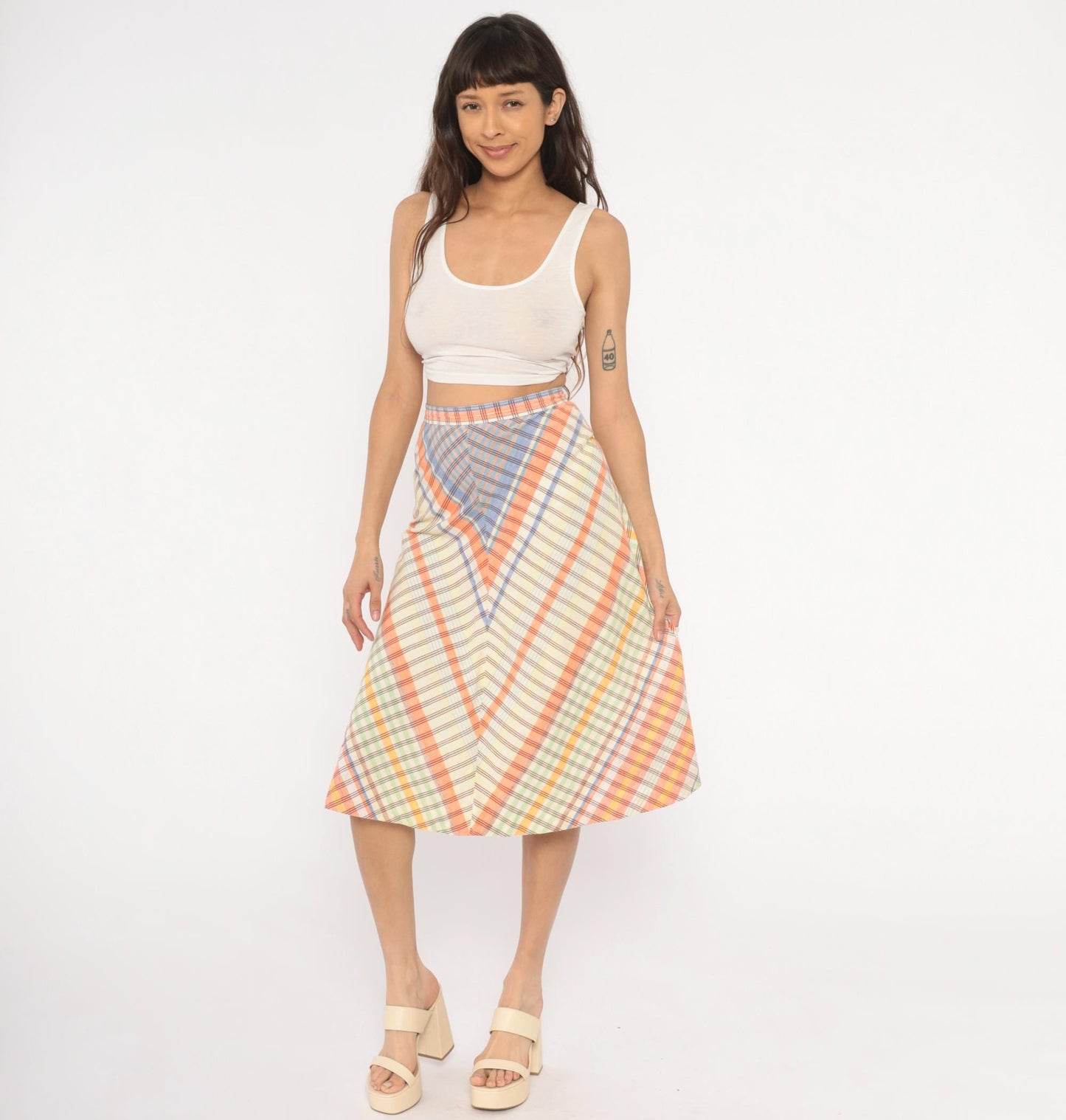 70s The Villager Chevron Plaid Skirt Multicolor Midi Small S