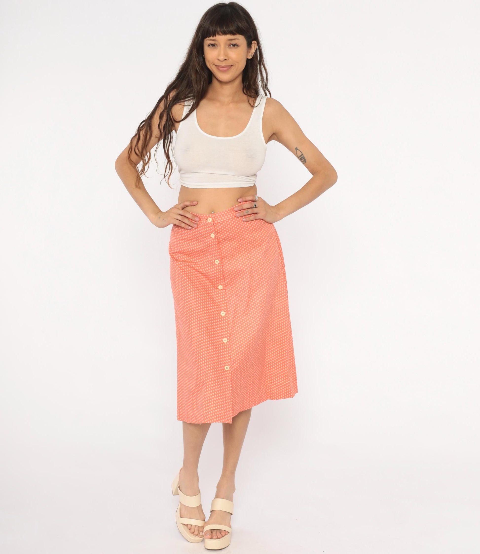 80s Coral Polka Dot A-Line Skirt Button Front High Waist Knee Length Small S