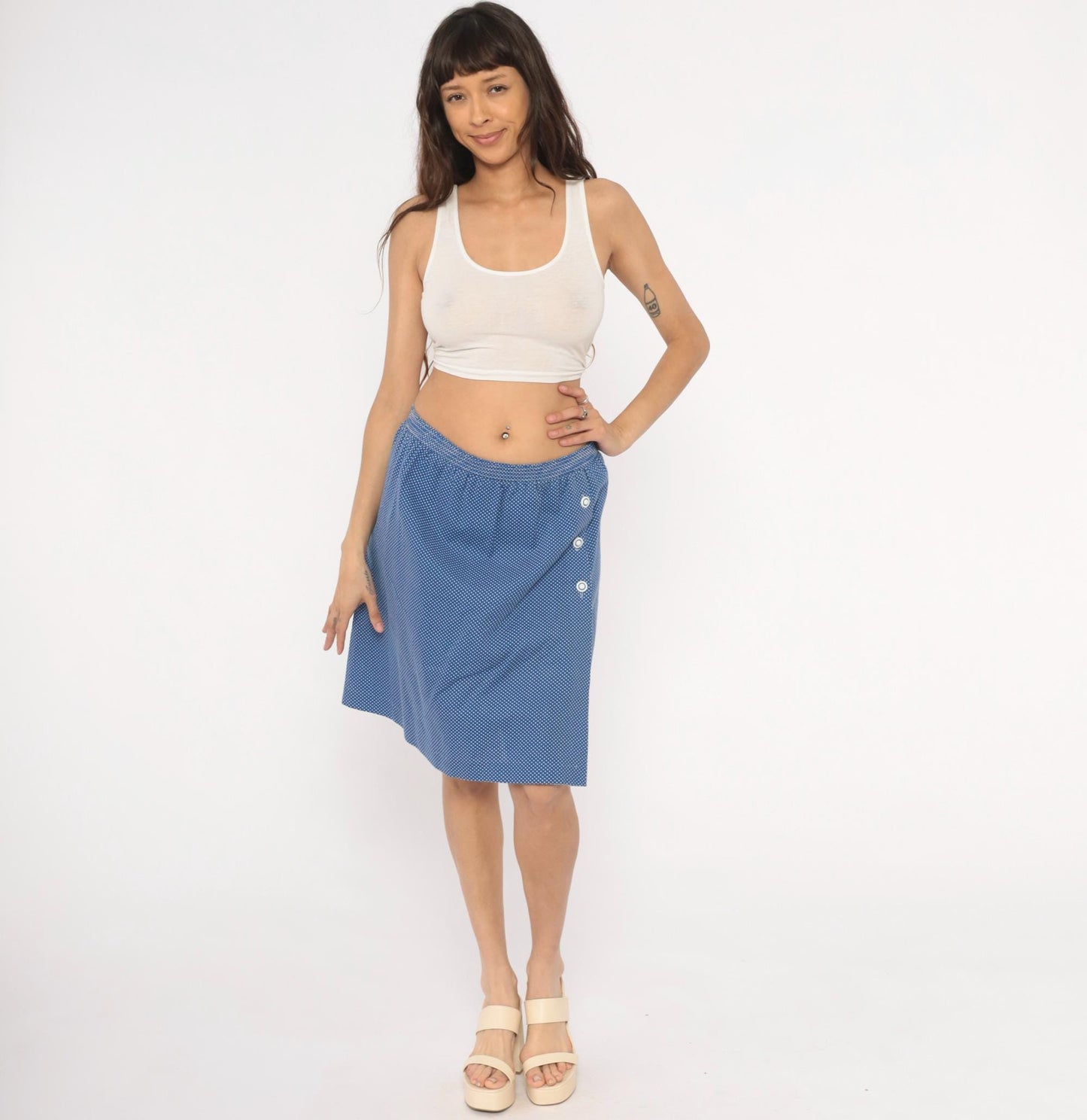 80s G.W. Polka Dot Skort Blue White Wrap Knee-Length Shorts Extra Large XL
