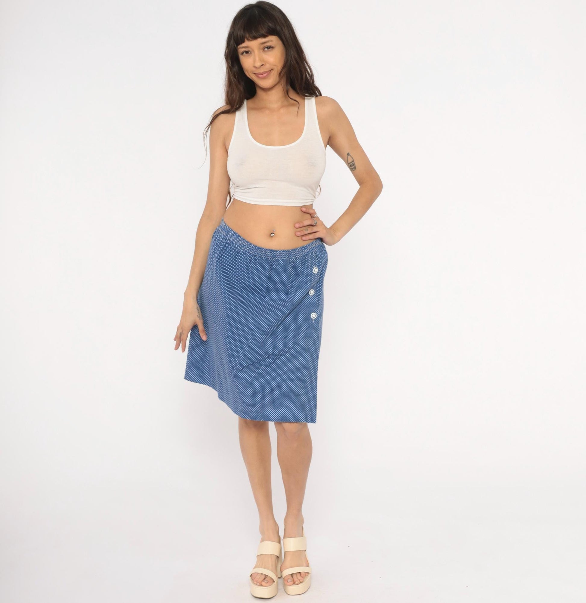 80s G.W. Polka Dot Skort Blue White Wrap Knee-Length Shorts Extra Large XL