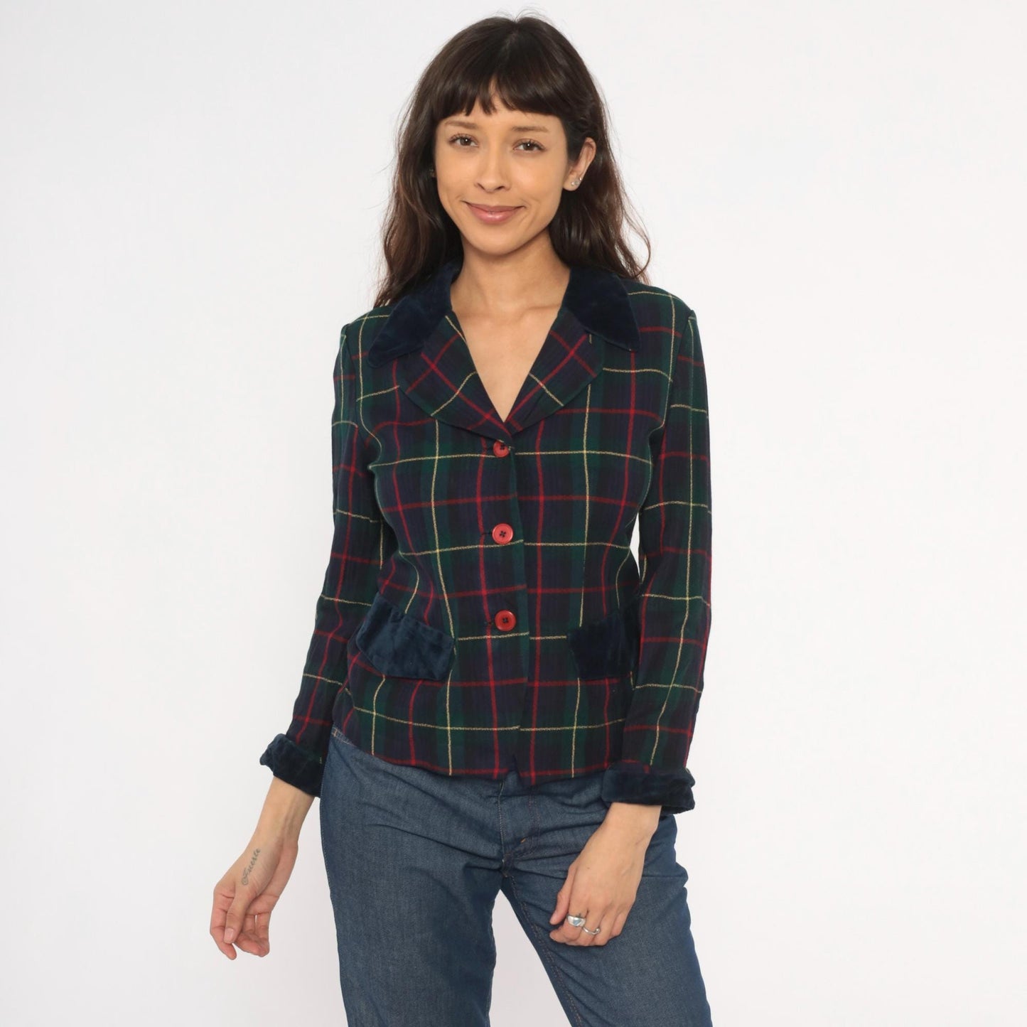 90s Dani Max Tartan Plaid Blazer Velvet Collar Navy Green Red Small S