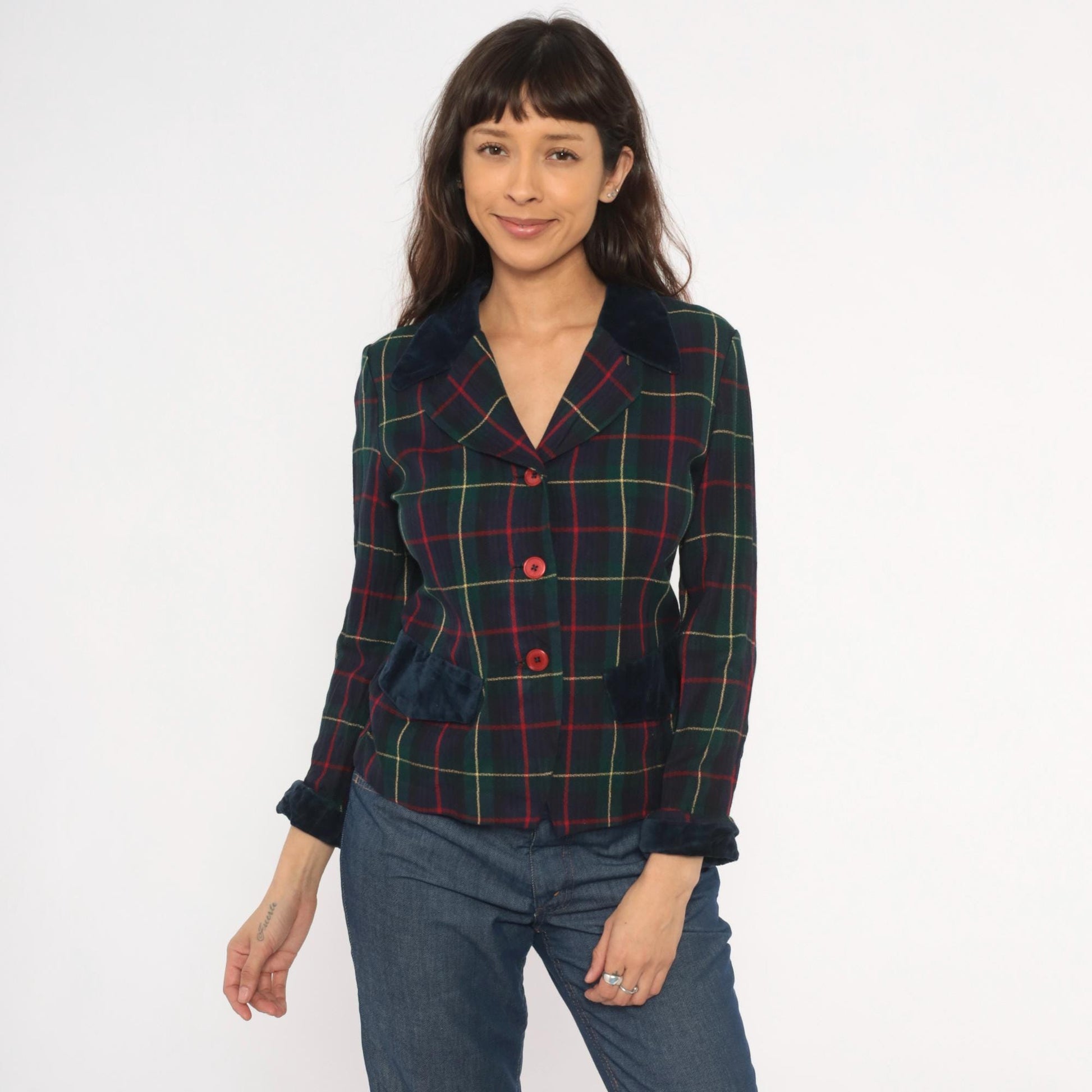 90s Dani Max Tartan Plaid Blazer Velvet Collar Navy Green Red Small S