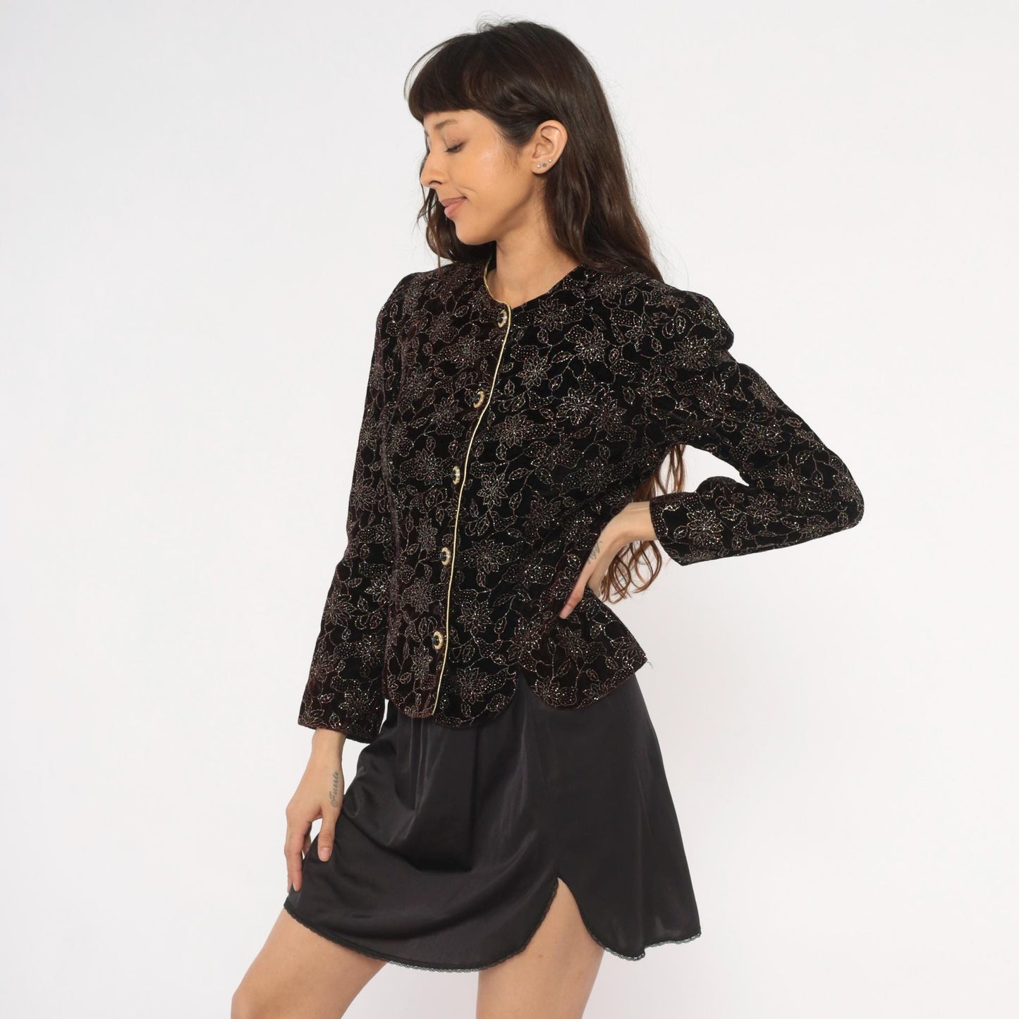 90s R & K Evening Black Velvet Jacket Gold Glitter Floral Scalloped Blazer Small S
