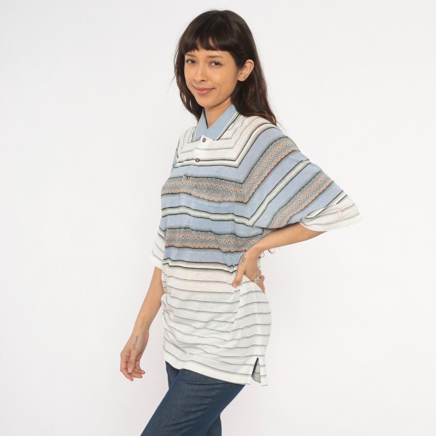 80s Grand Slam Southwestern Polo Striped Knit Diamond Jacquard Sky Blue Large L