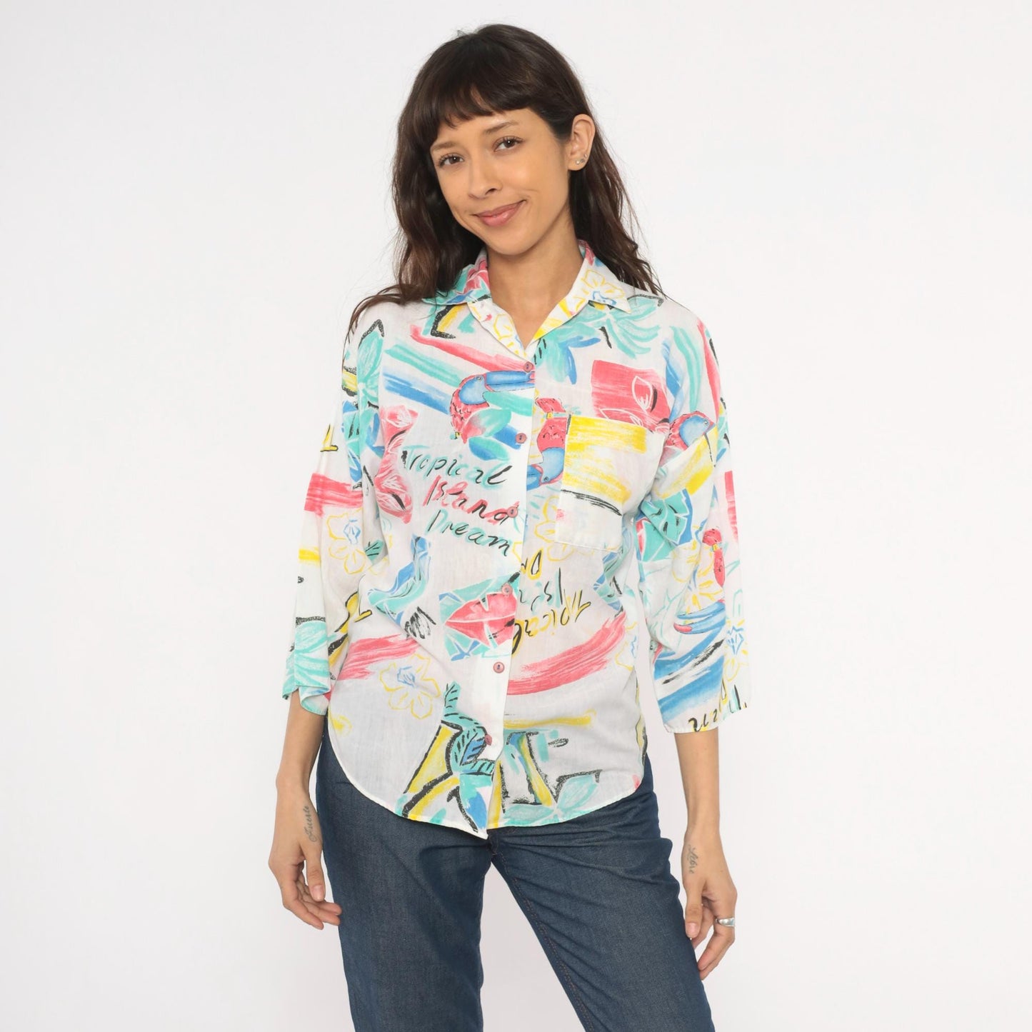80s Touche LA Tropical Toucan Shirt White Pink Teal Bird Print Large L