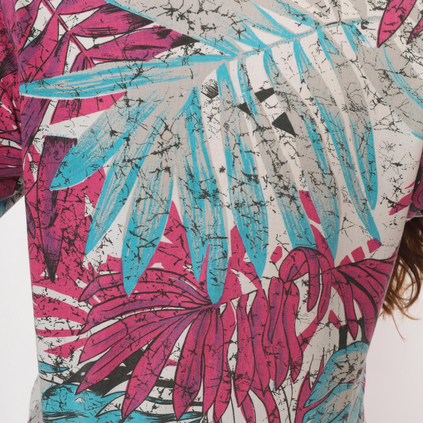 90s Tropical Batik Button Blouse Pink Teal Palm Leaf Three Quarter Sleeve Medium M