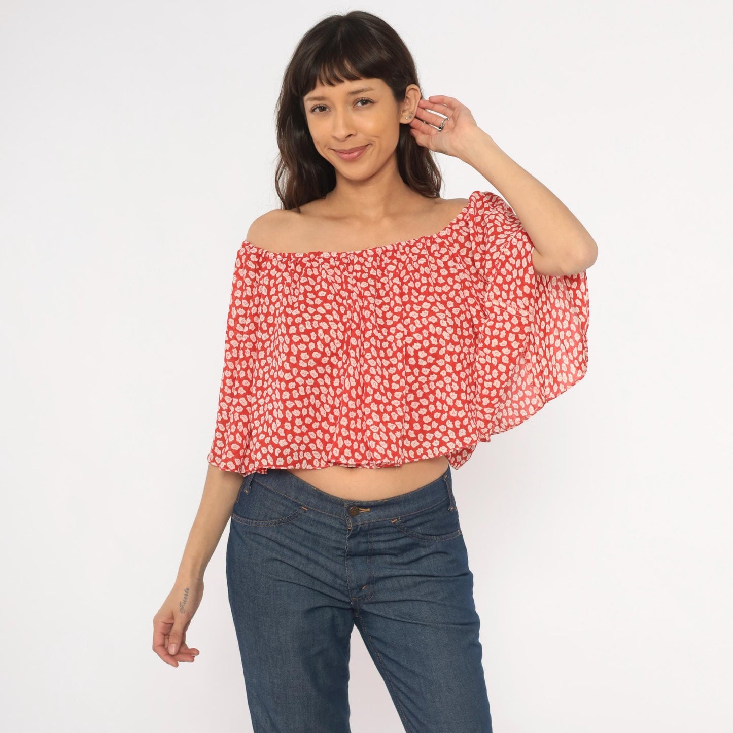 90s Red Floral Off-Shoulder Crop Top Flutter Sleeve White Leaf Print Small