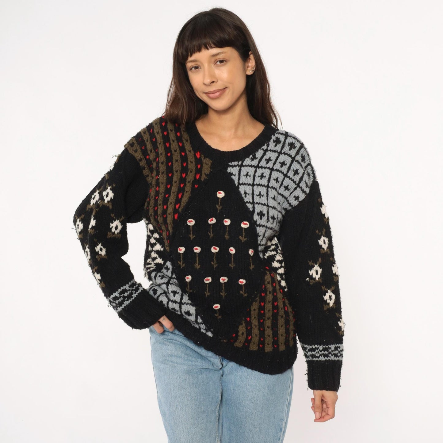 80s Midnight Blues Patchwork Knit Sweater Black Geometric Floral Small