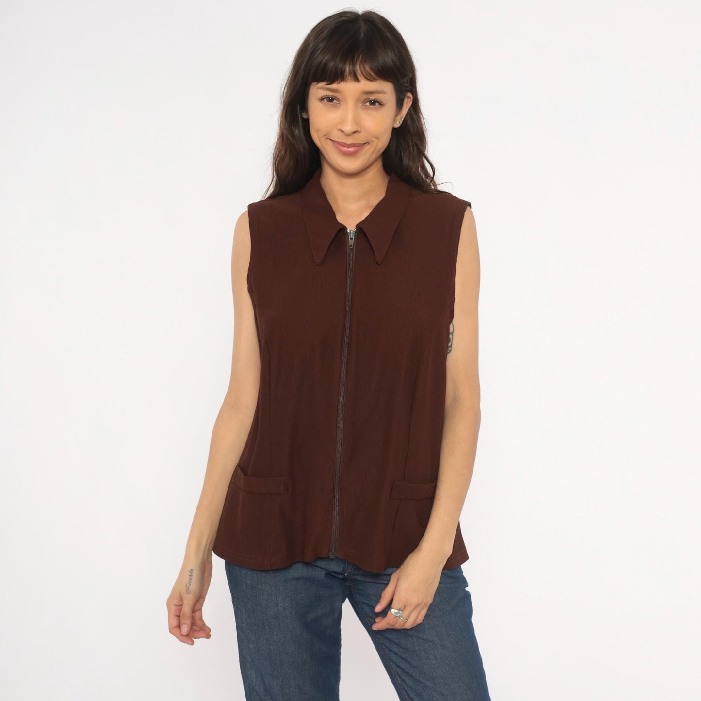 90s New Woman Brown Ribbed Knit Vest Pointed Collar Zip-Front Extra Large XL