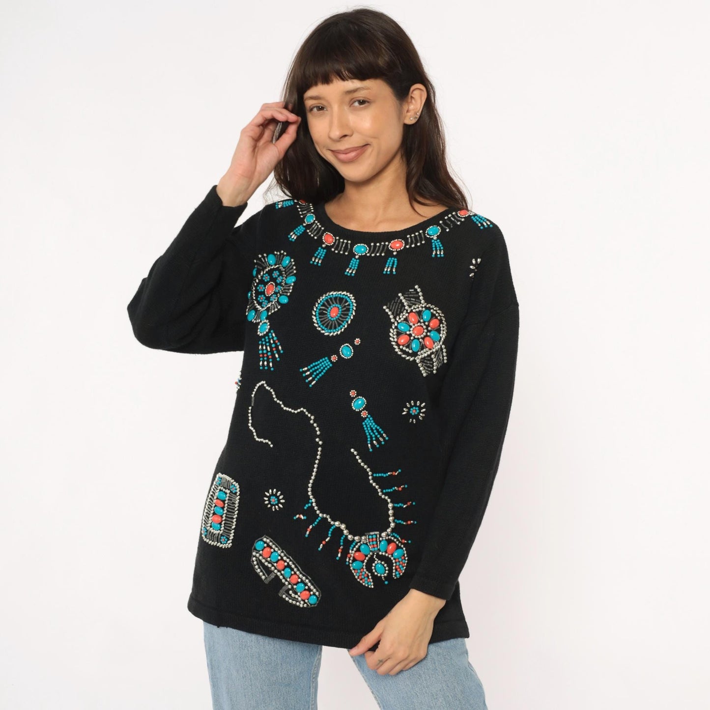 90s Victoria Jones Southwestern Sweatshirt Black Beaded Turquoise Coral Large L