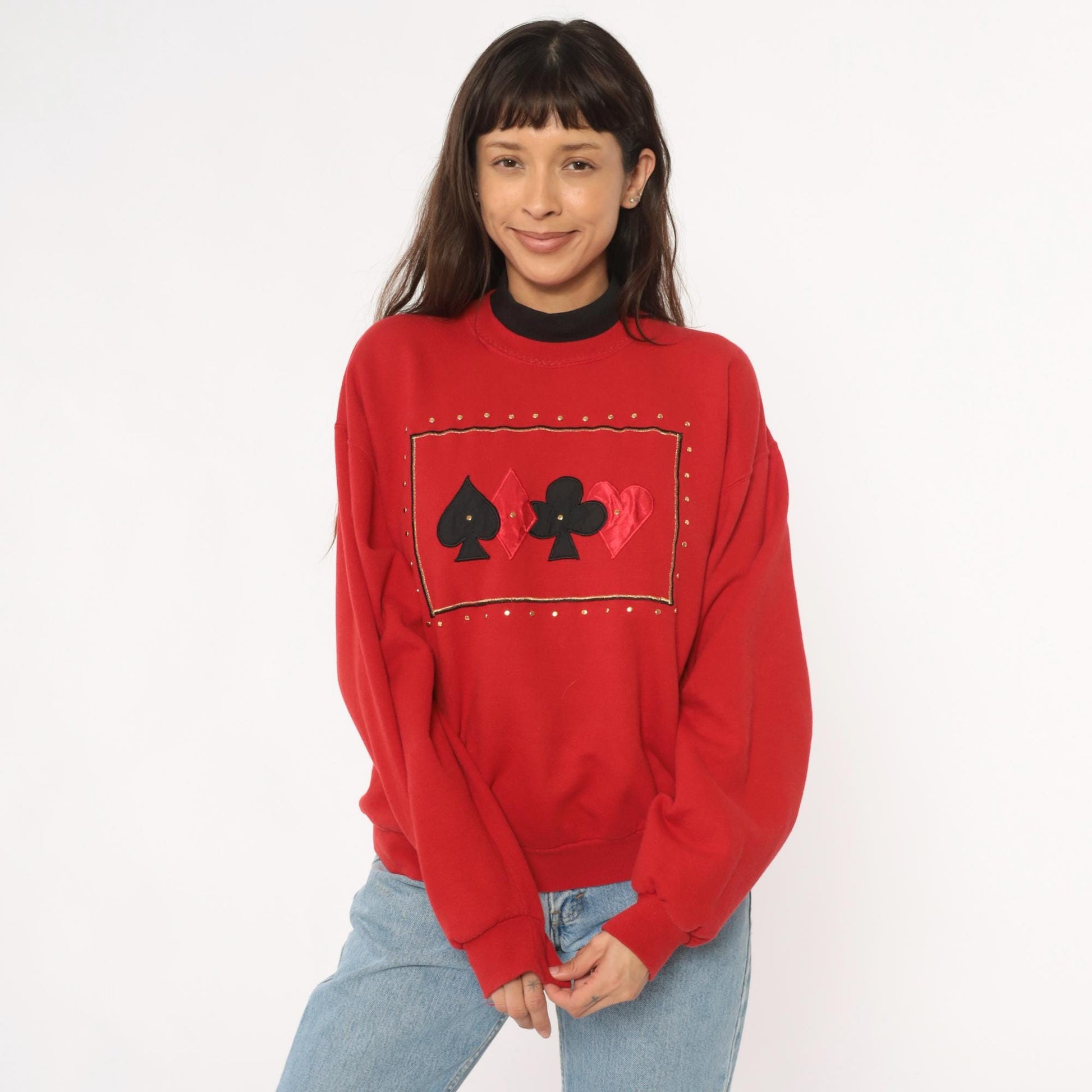 90s Jerzees Playing Card Sweatshirt Red Studded Casino Graphic Crewneck Large L