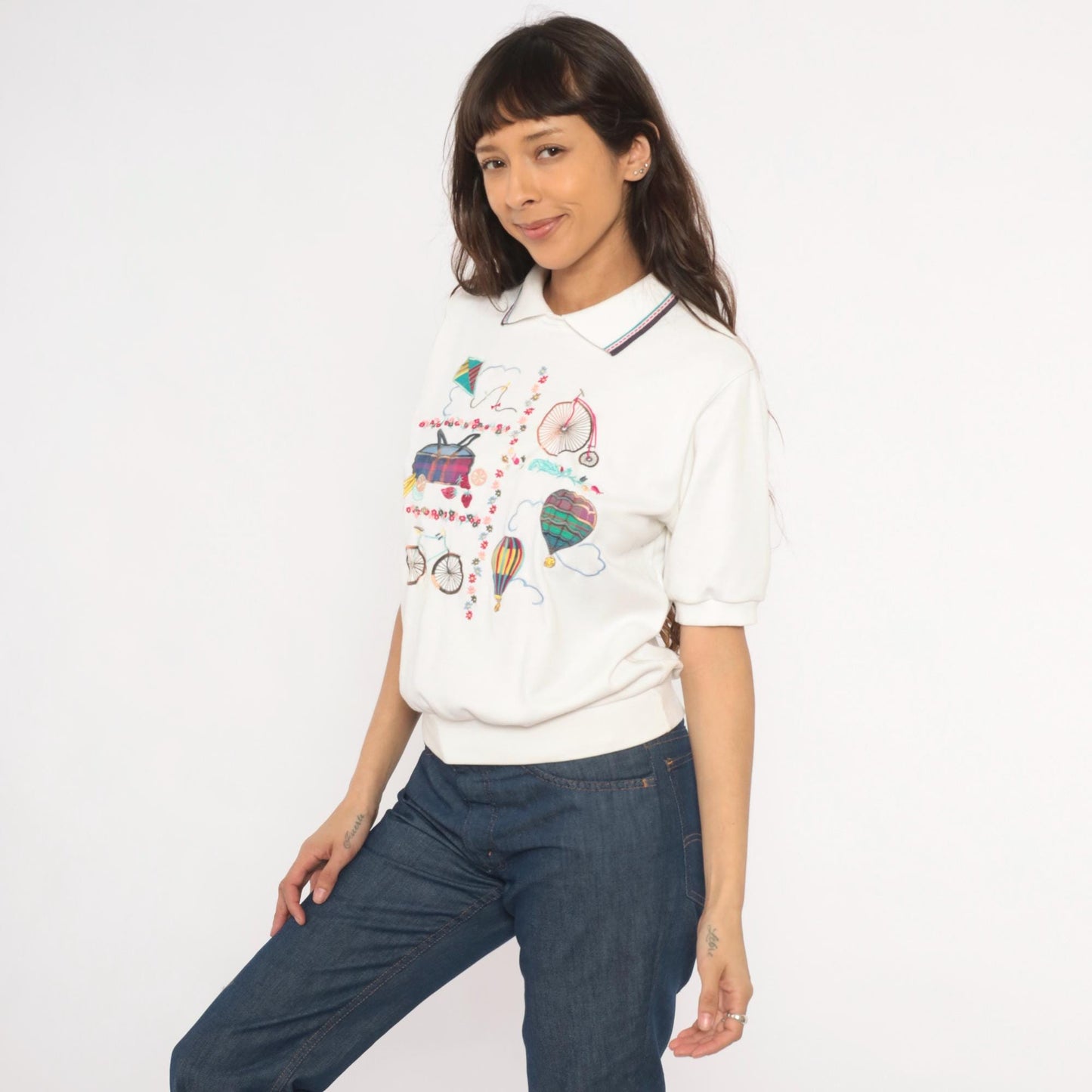 Alfred Dunner 80s Embroidered Polo Shirt Hot Air Balloon Bicycle White Petite Medium