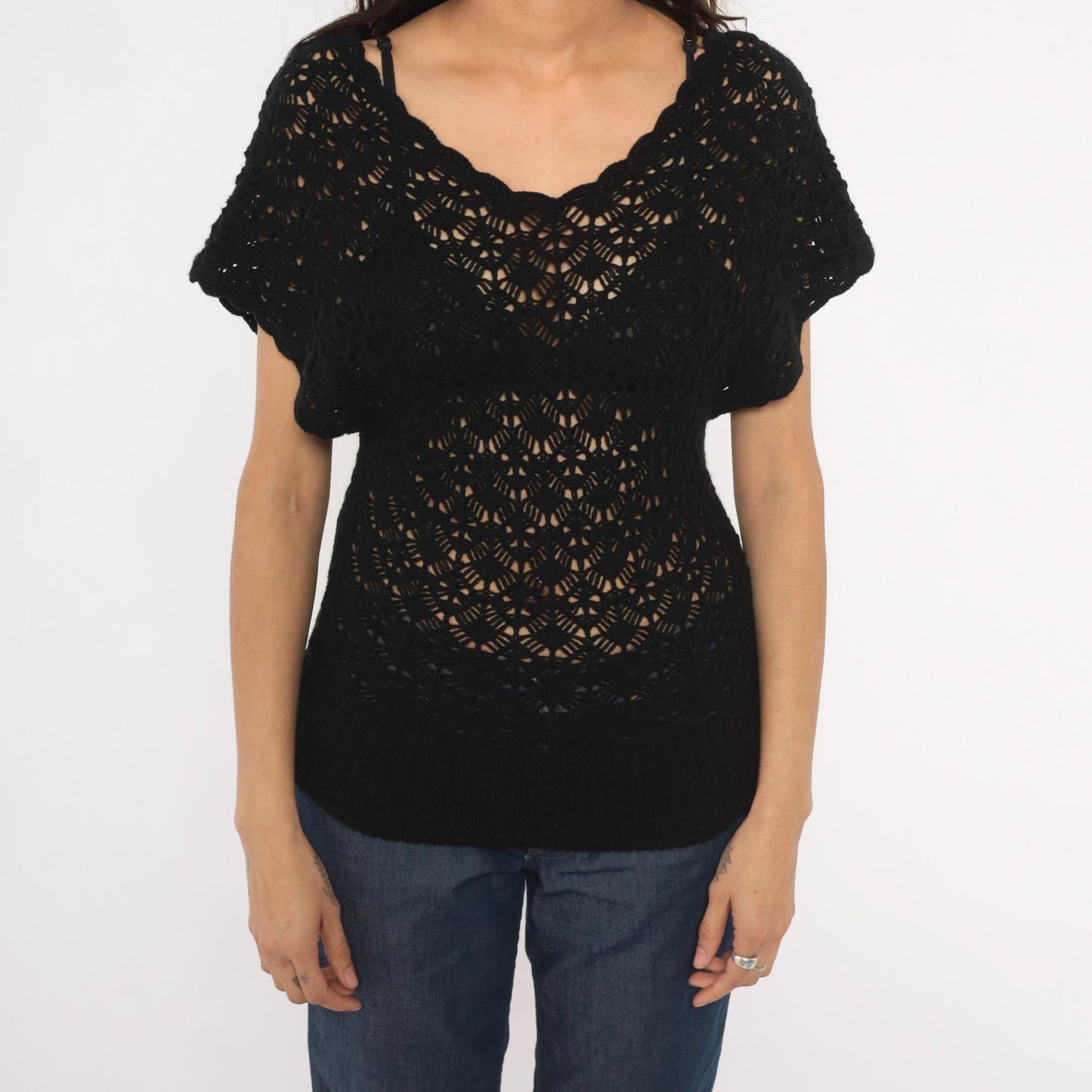 2000s CoolWear Black Crochet Top Scalloped V-Neck Short Sleeve Medium M