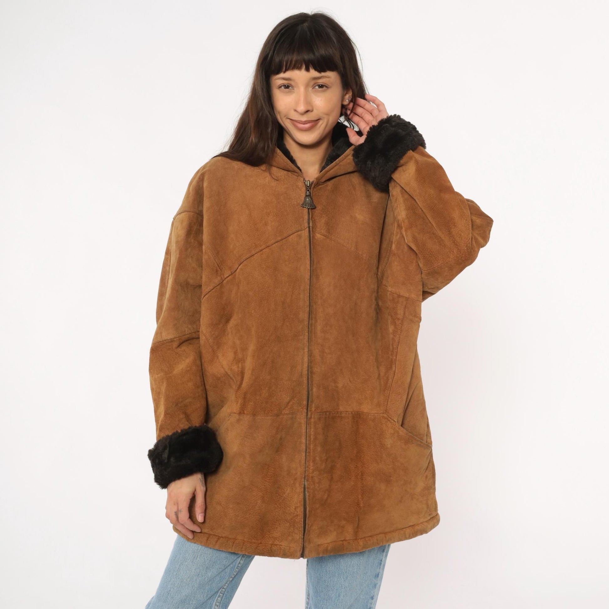 90s Tan Leather Hooded Jacket Faux Fur Lining Black Trim Large L