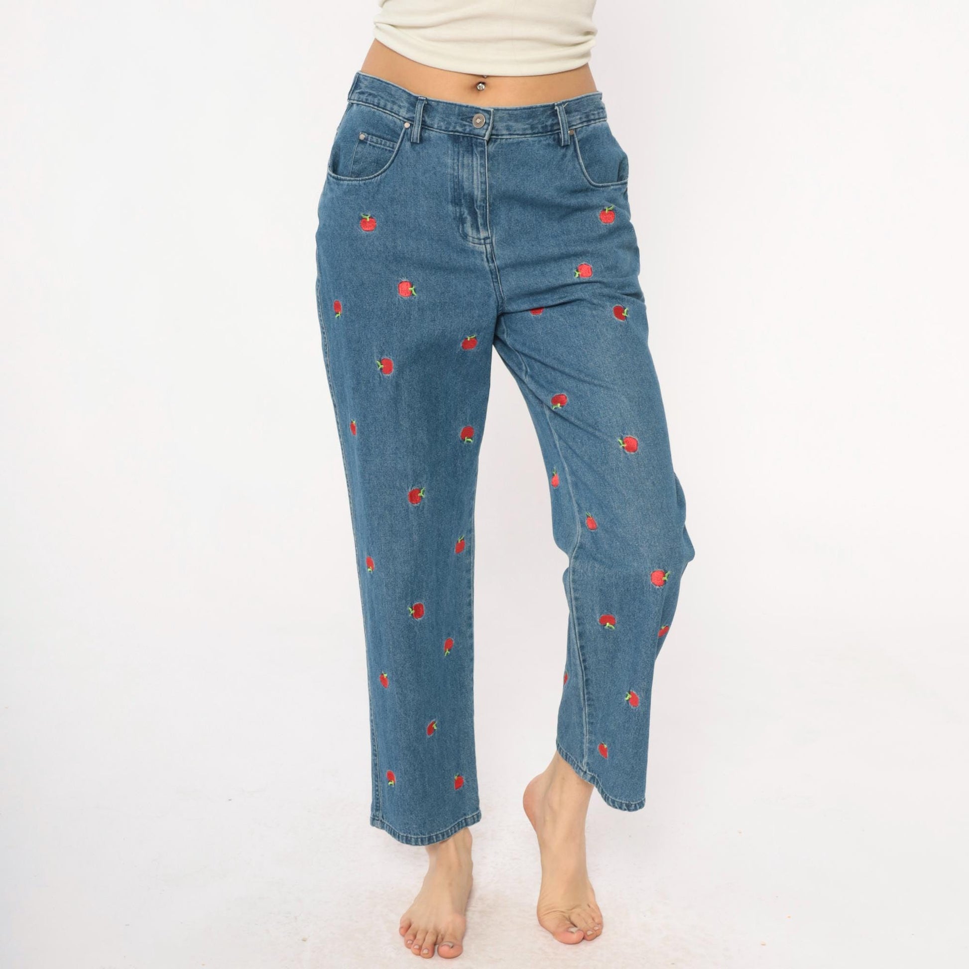 90s Breckenridge Petite Apple Embroidered Jeans Cropped High Waist Blue Small