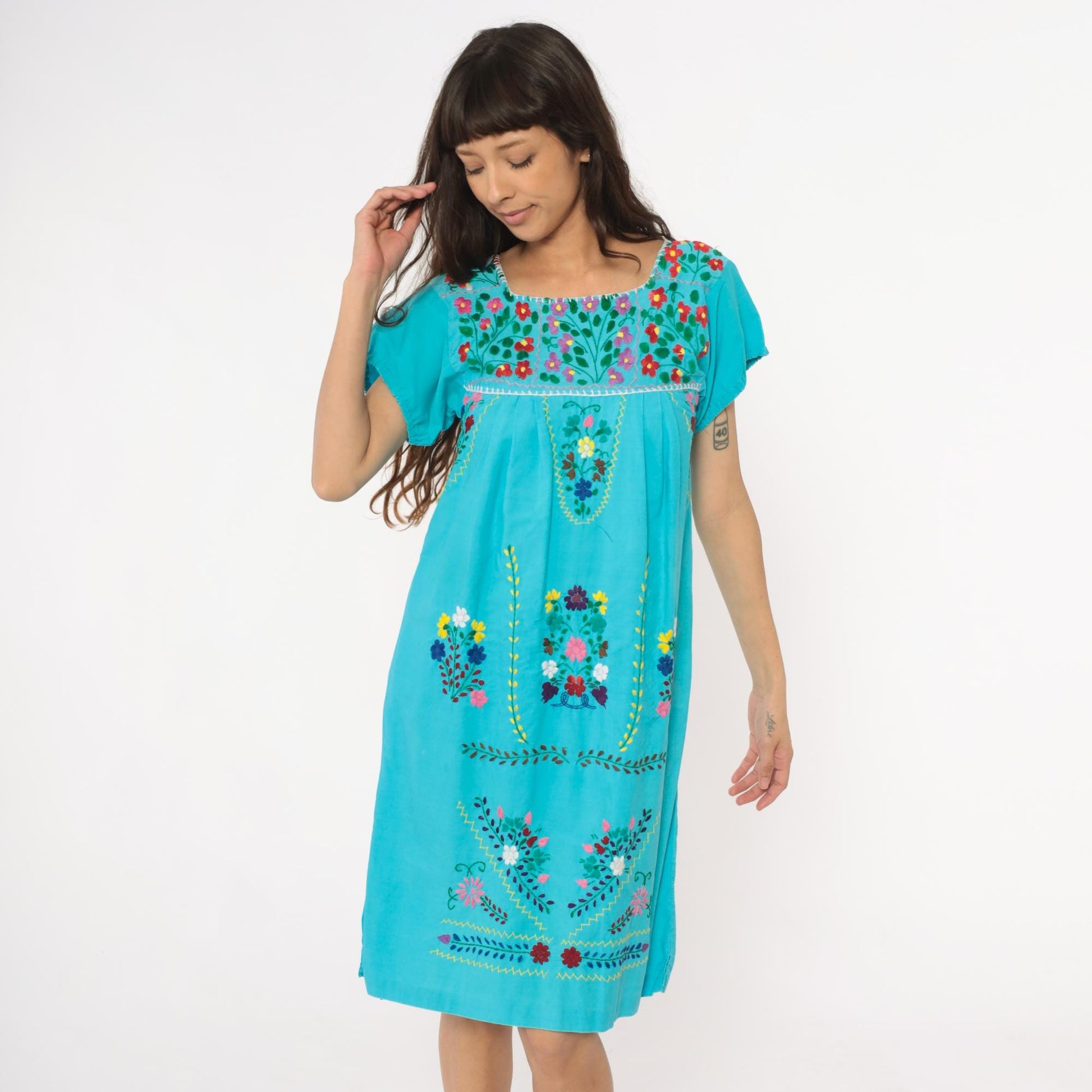 80s Mexican Embroidered Turquoise Cotton Dress Floral Empire Waist Extra Small XS