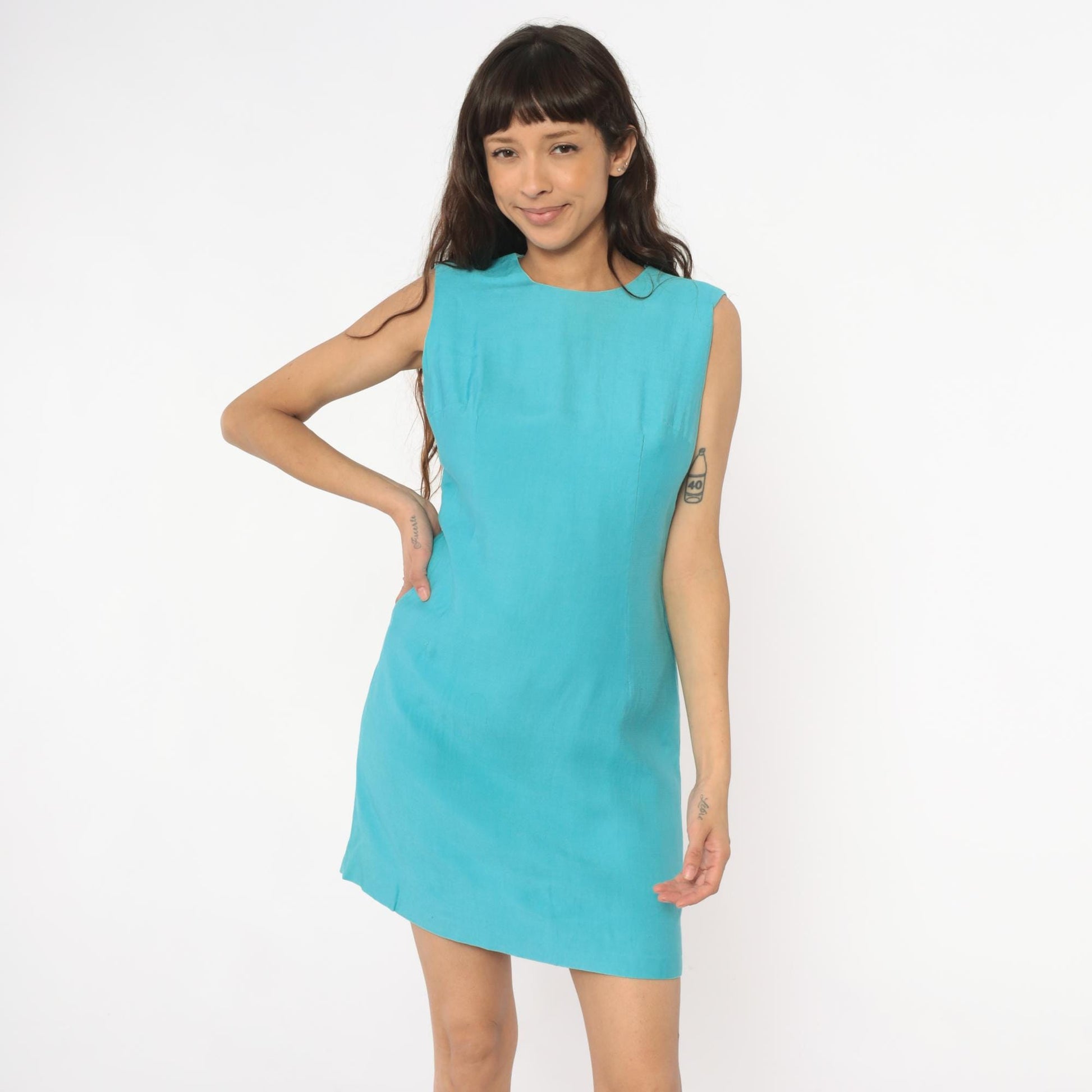 60s Turquoise Shift Dress Sleeveless Mini Mod A-Line Extra Small XS