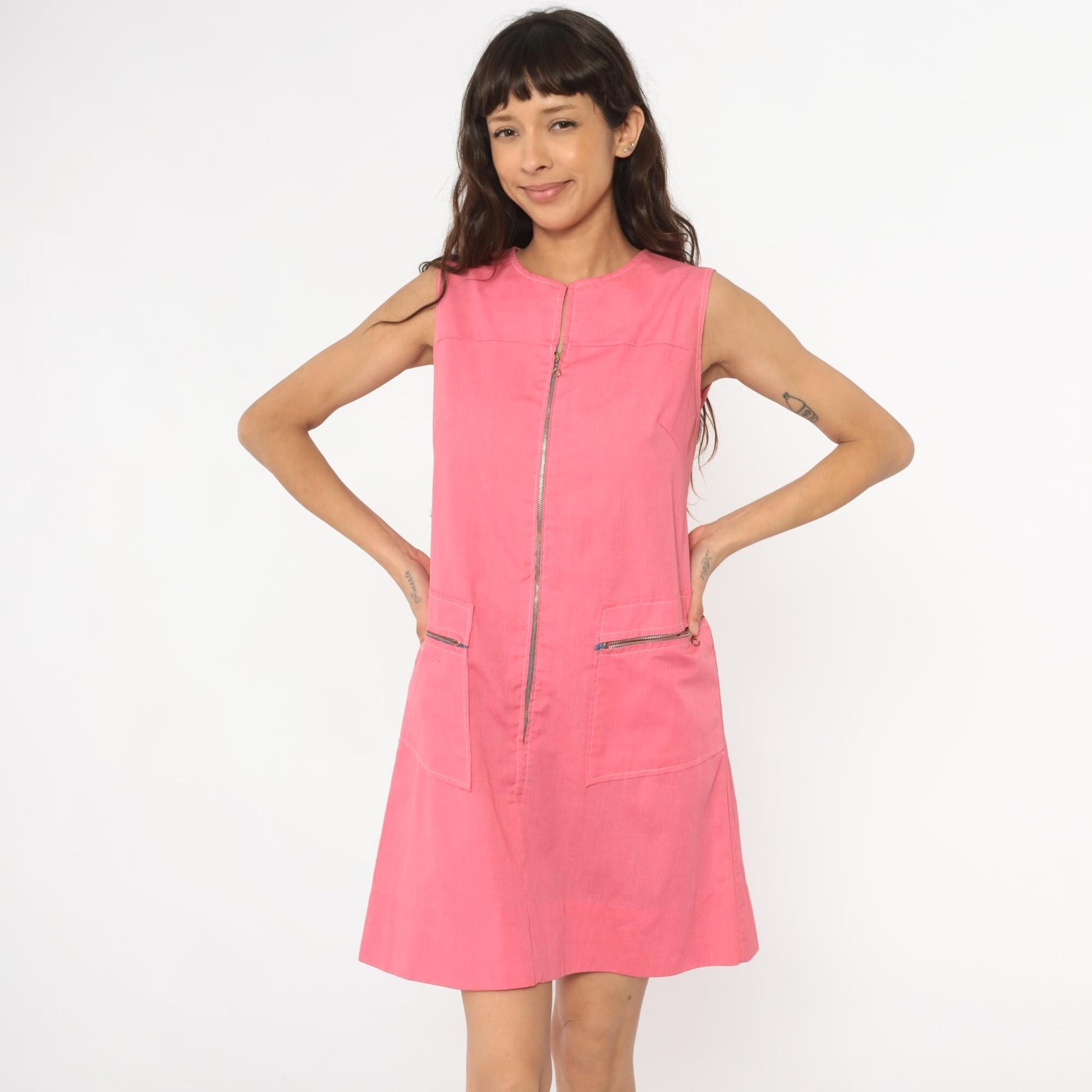 70s Hot Pink Montgomery Ward Mod Mini Dress Zipper Front Sleeveless Small