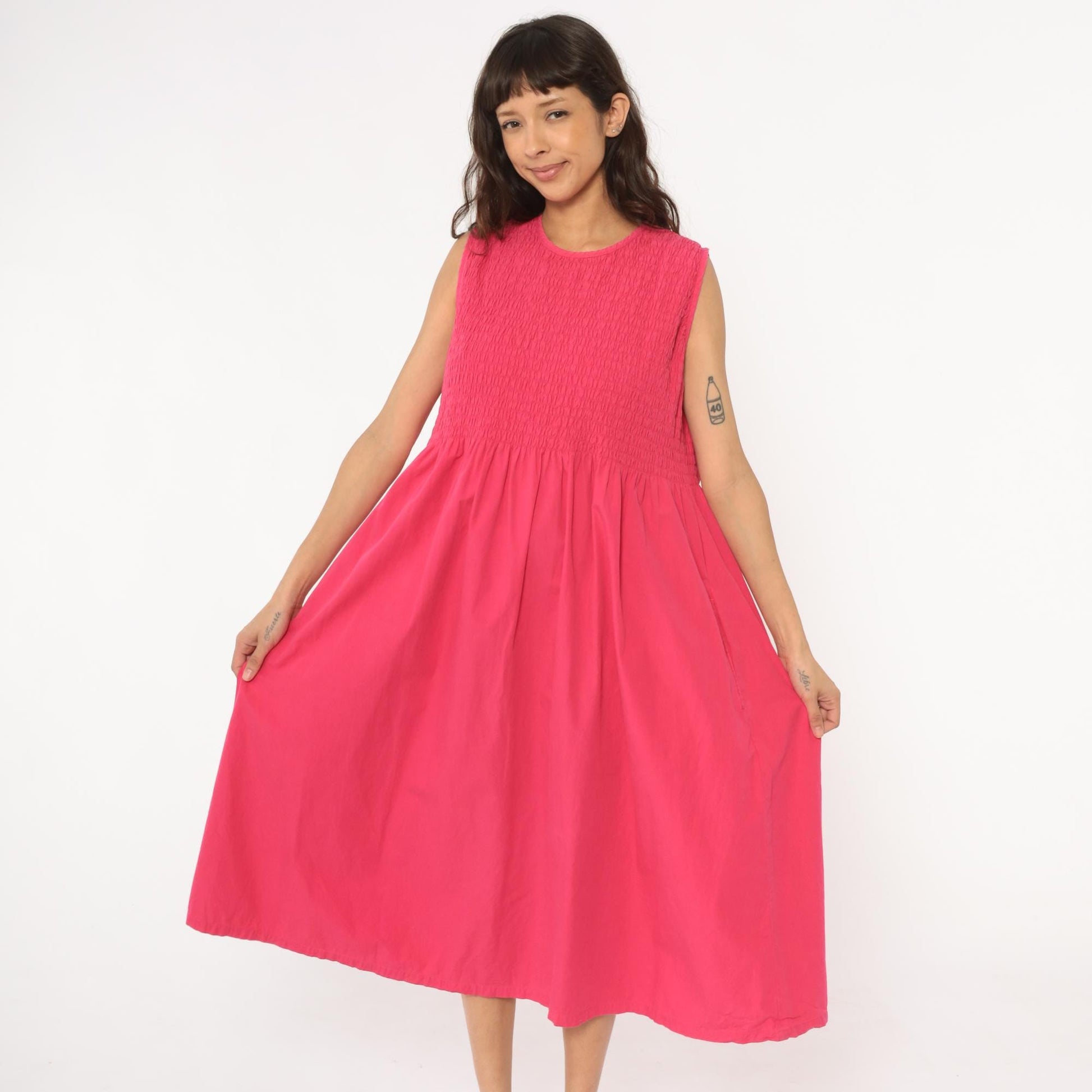 Y2K Coral Pink Maxi Dress Smocked Bodice Cotton Sleeveless Large
