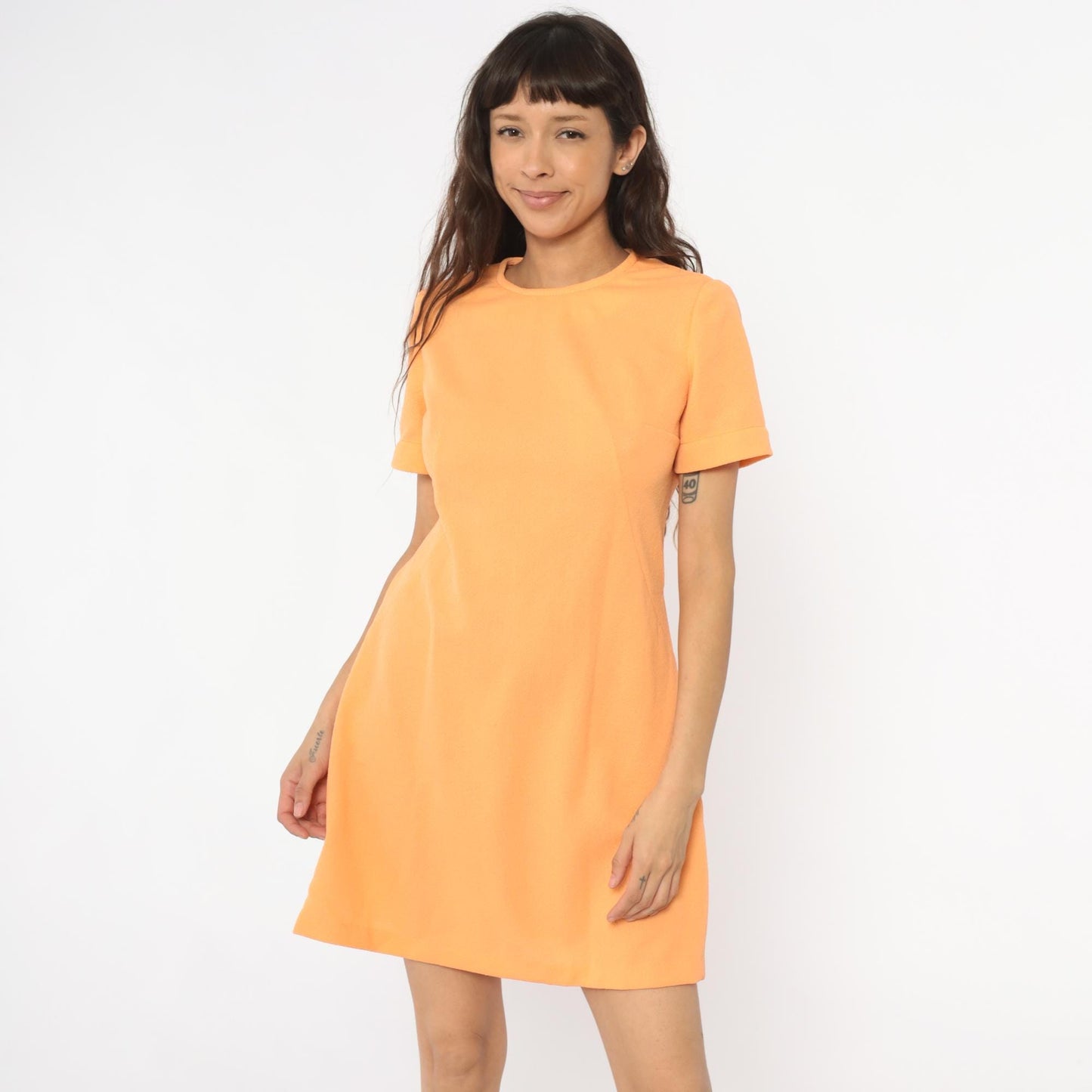 70s Peach Shift Dress A-Line Crew Neck Short Sleeve Knee Length Medium