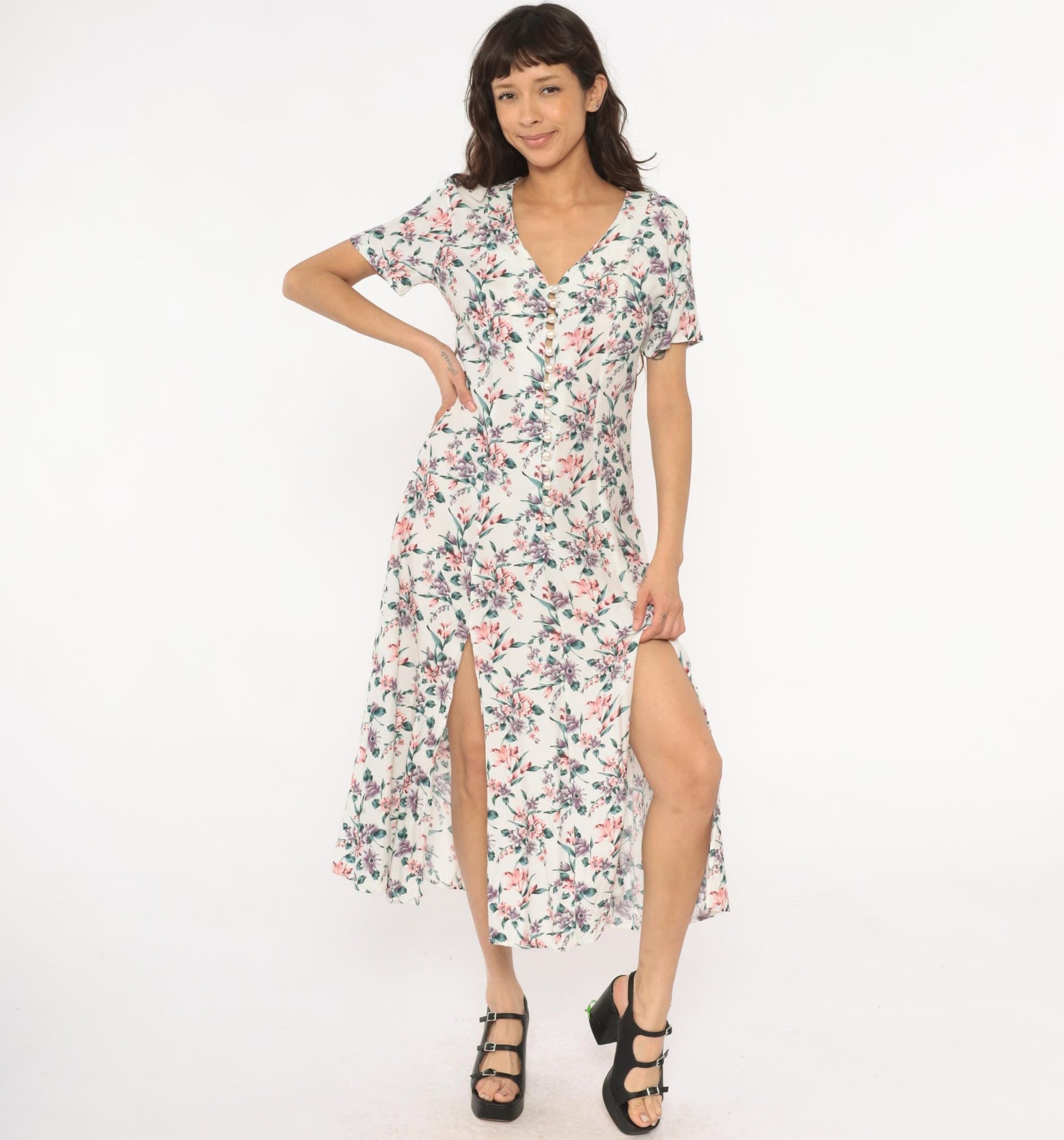 90s Floral Midi Dress Cream Rayon V-Neck Short Sleeve Front Slit Small