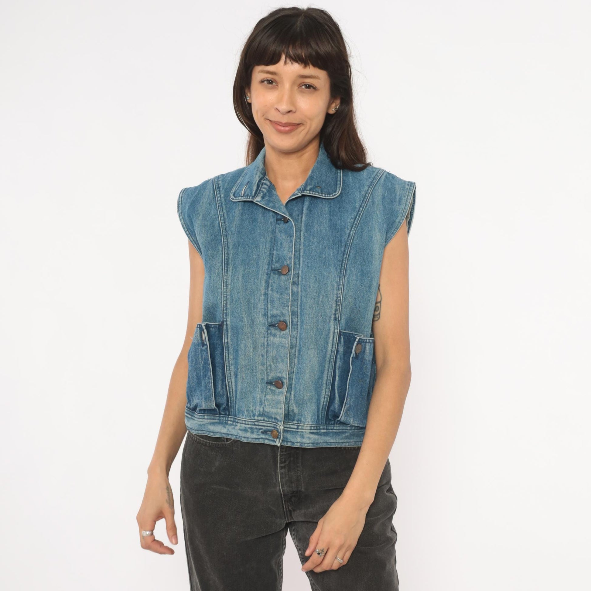 80s Mais Oui Denim Vest Pointed Collar Crop Blue Medium M