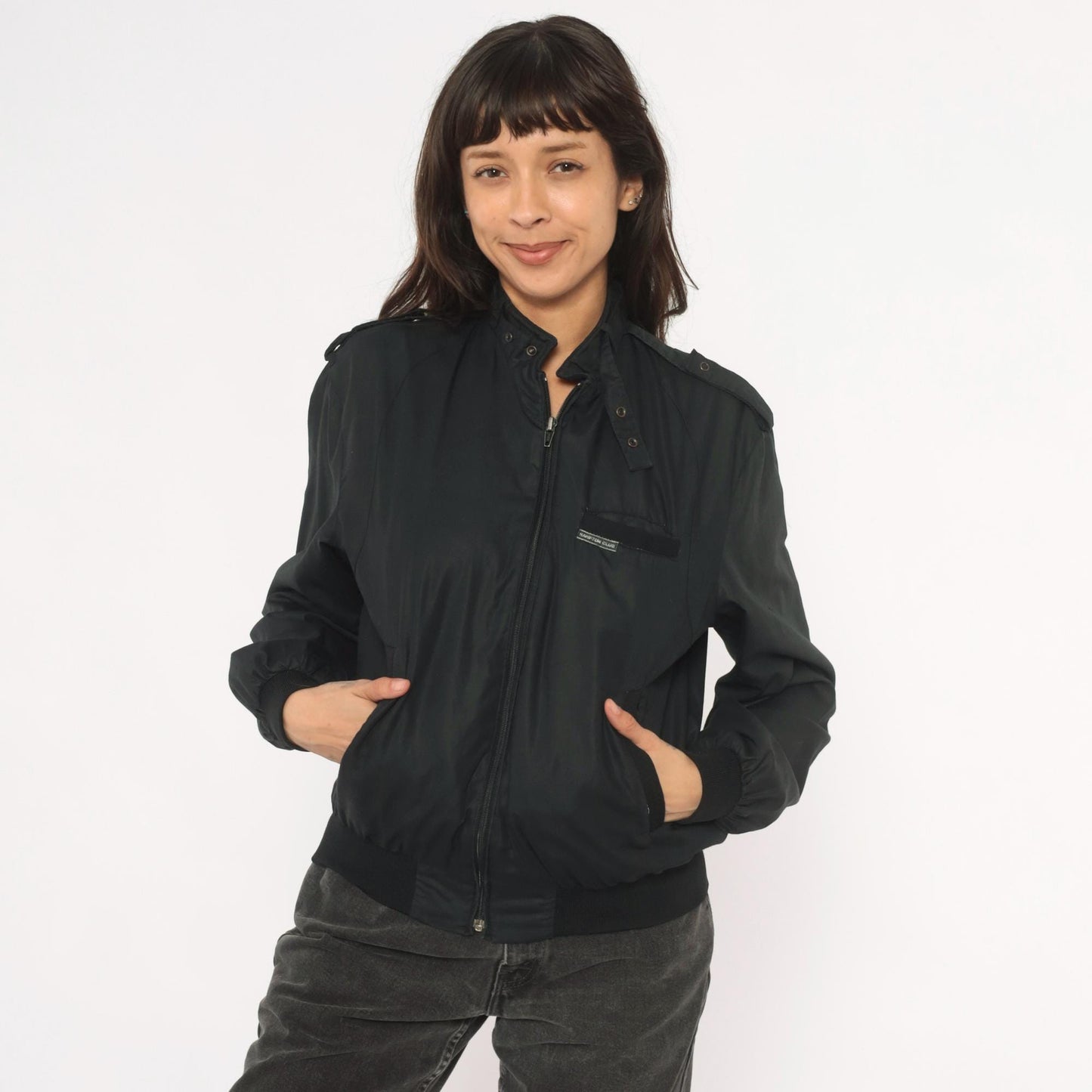 80s Hampton Country Club Black Bomber Jacket Snap Collar Epaulette Extra Small XS