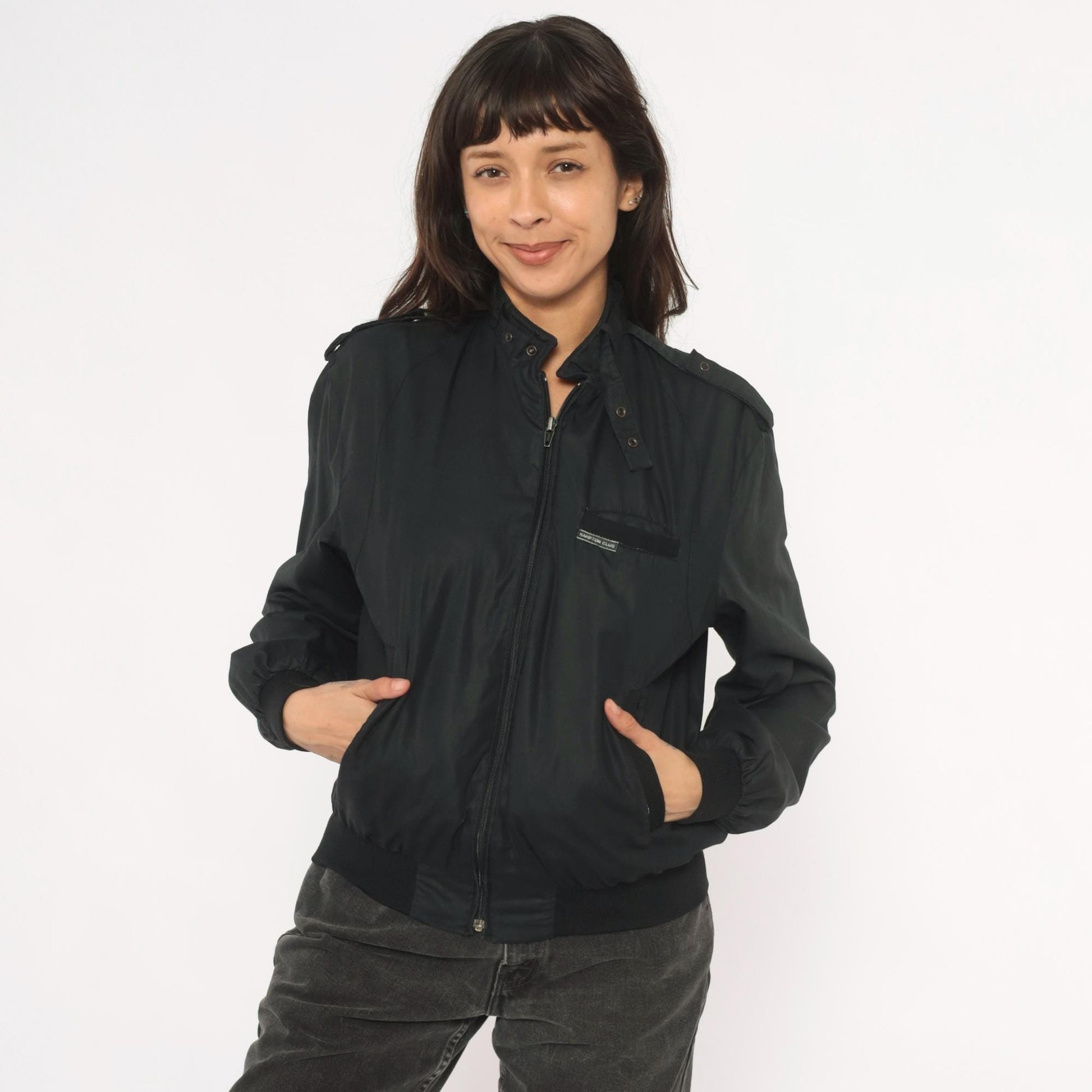 80s Hampton Country Club Black Bomber Jacket Snap Collar Epaulette Extra Small XS