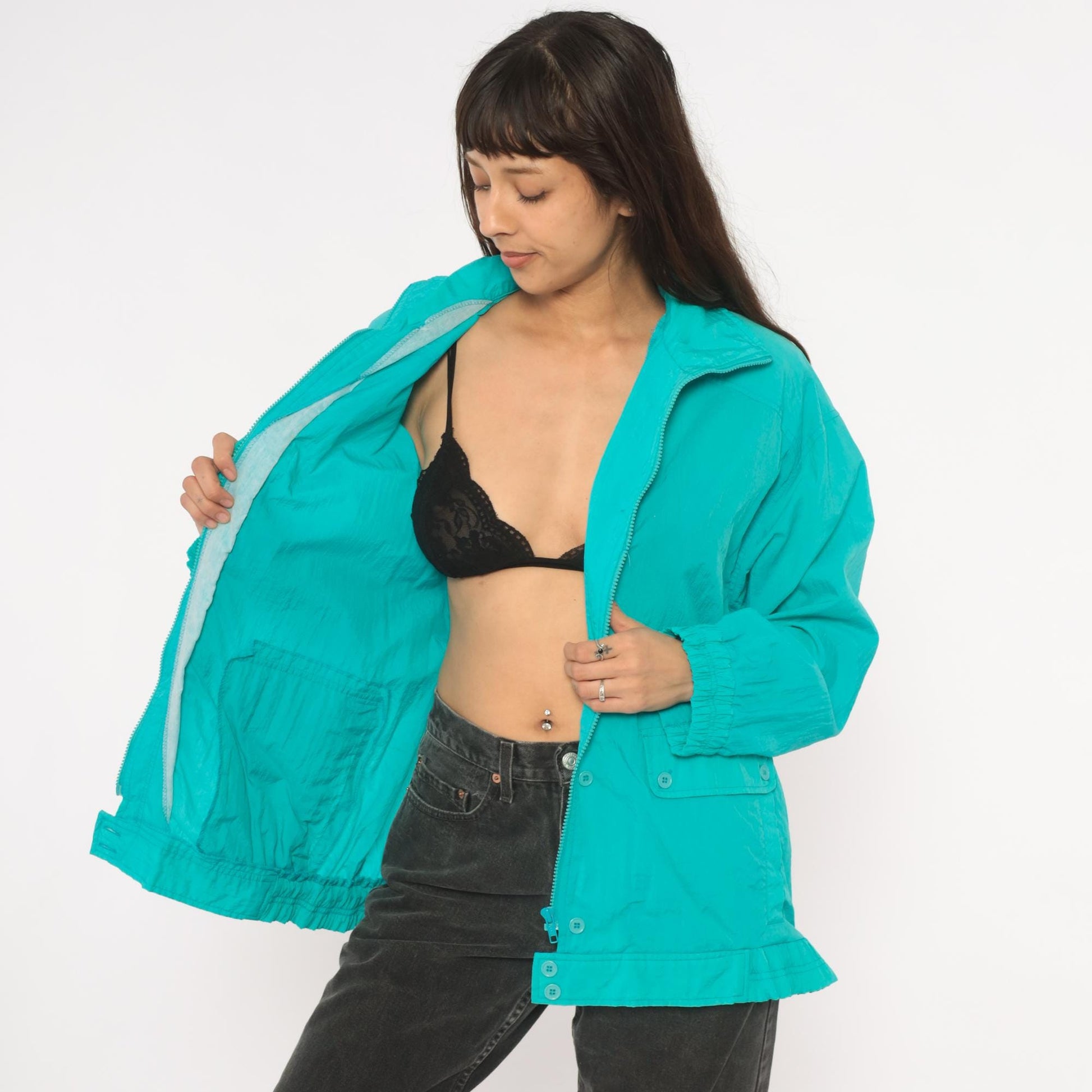 90s Koret Francisca Teal Windbreaker Jacket Raglan Snap Placket Large L