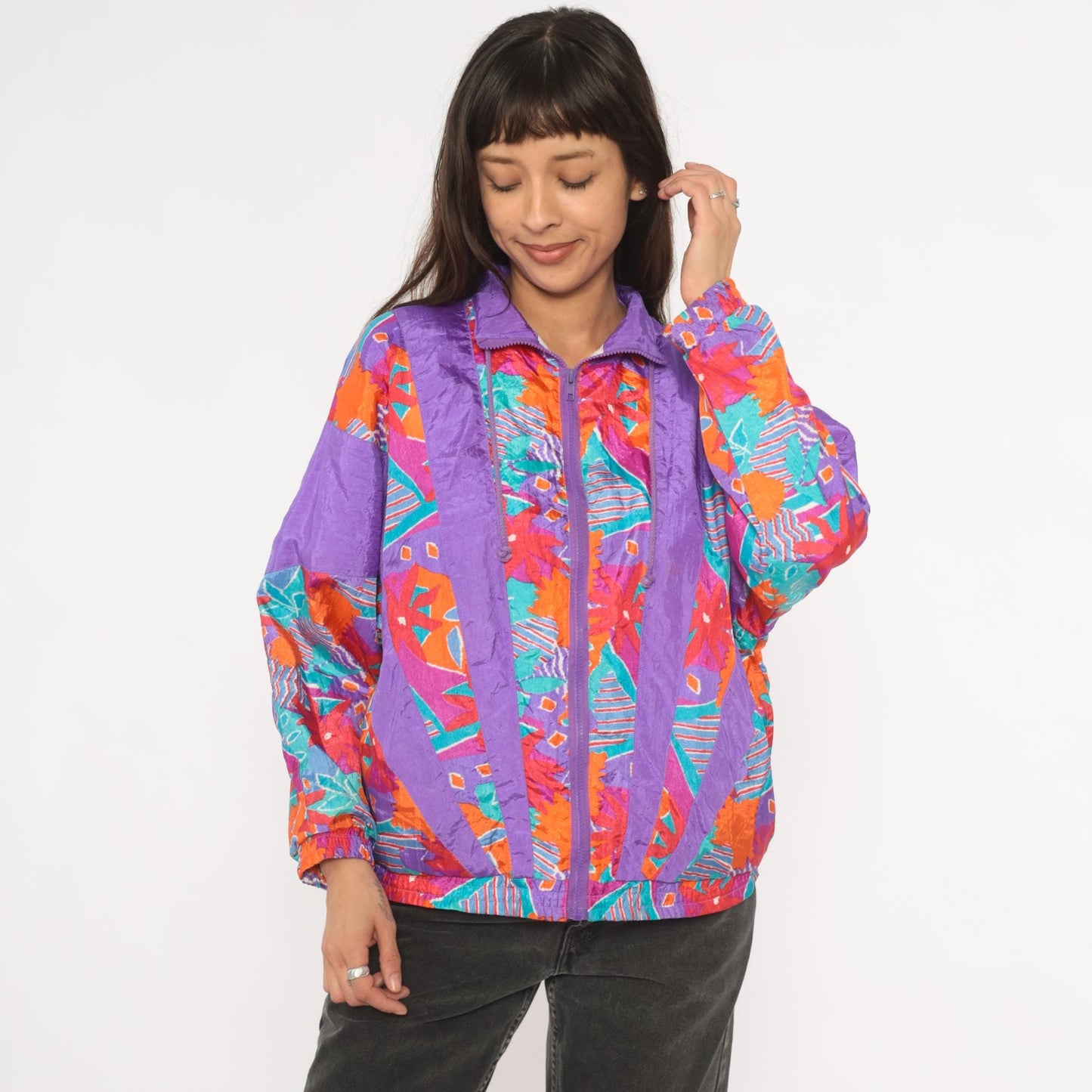 90s Aviat Sportif Windbreaker Purple Geometric Floral Print Small