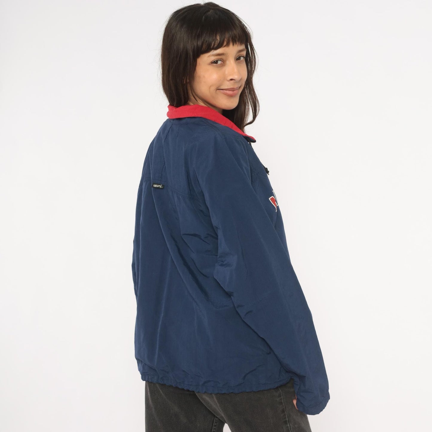 90s Uzzi Miami Beach Windbreaker Navy Half-Zip Nylon Jacket Red Collar Small