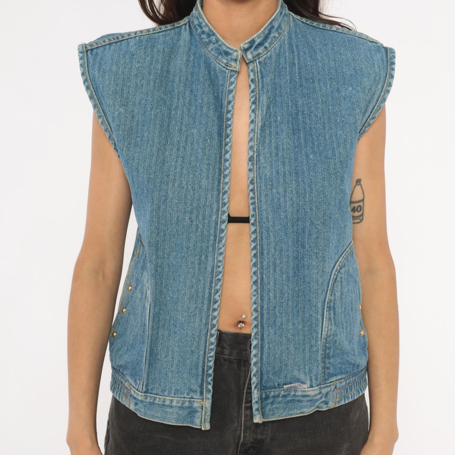 90s Jordache Reversible Denim Vest Pinstripe Blue White Mandarin Collar Small S