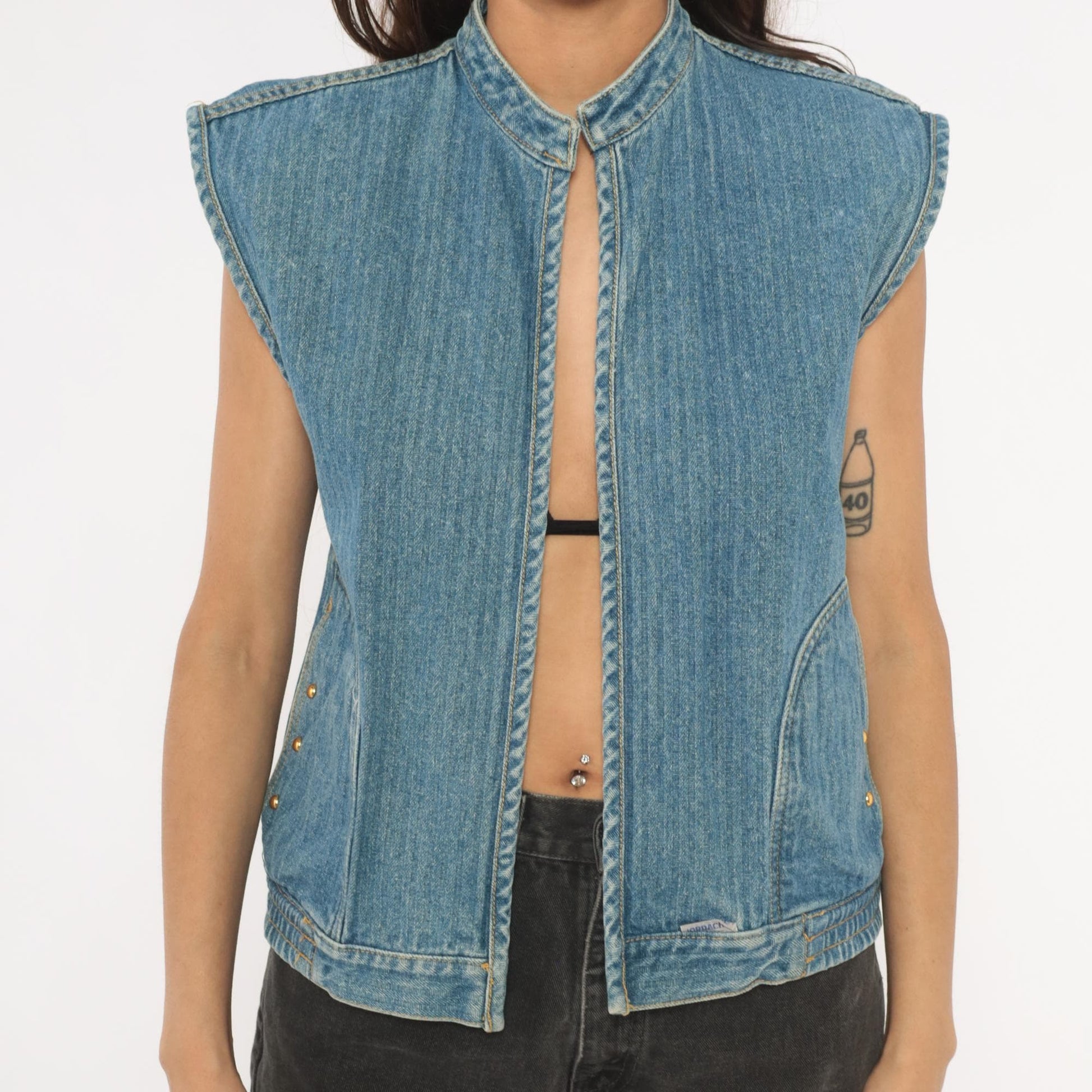 90s Jordache Reversible Denim Vest Pinstripe Blue White Mandarin Collar Small S