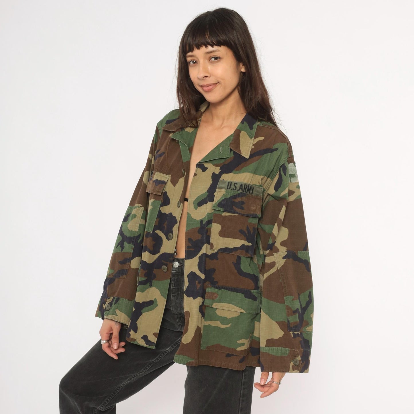 90s U.S. Army BDU Woodland Camouflage Button-Front Shirt Medium M