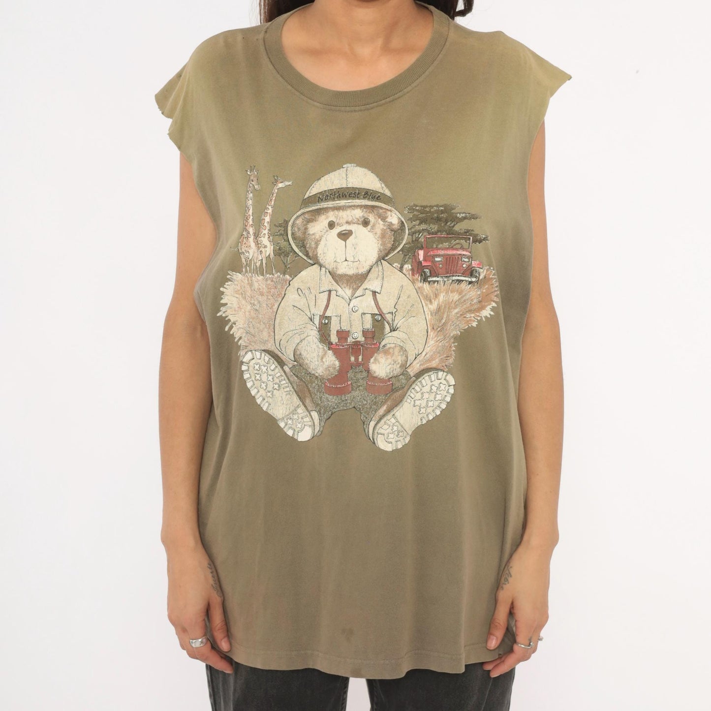 90s Northwest Blue Safari Bear Graphic Tank Top Olive Green Extra Large