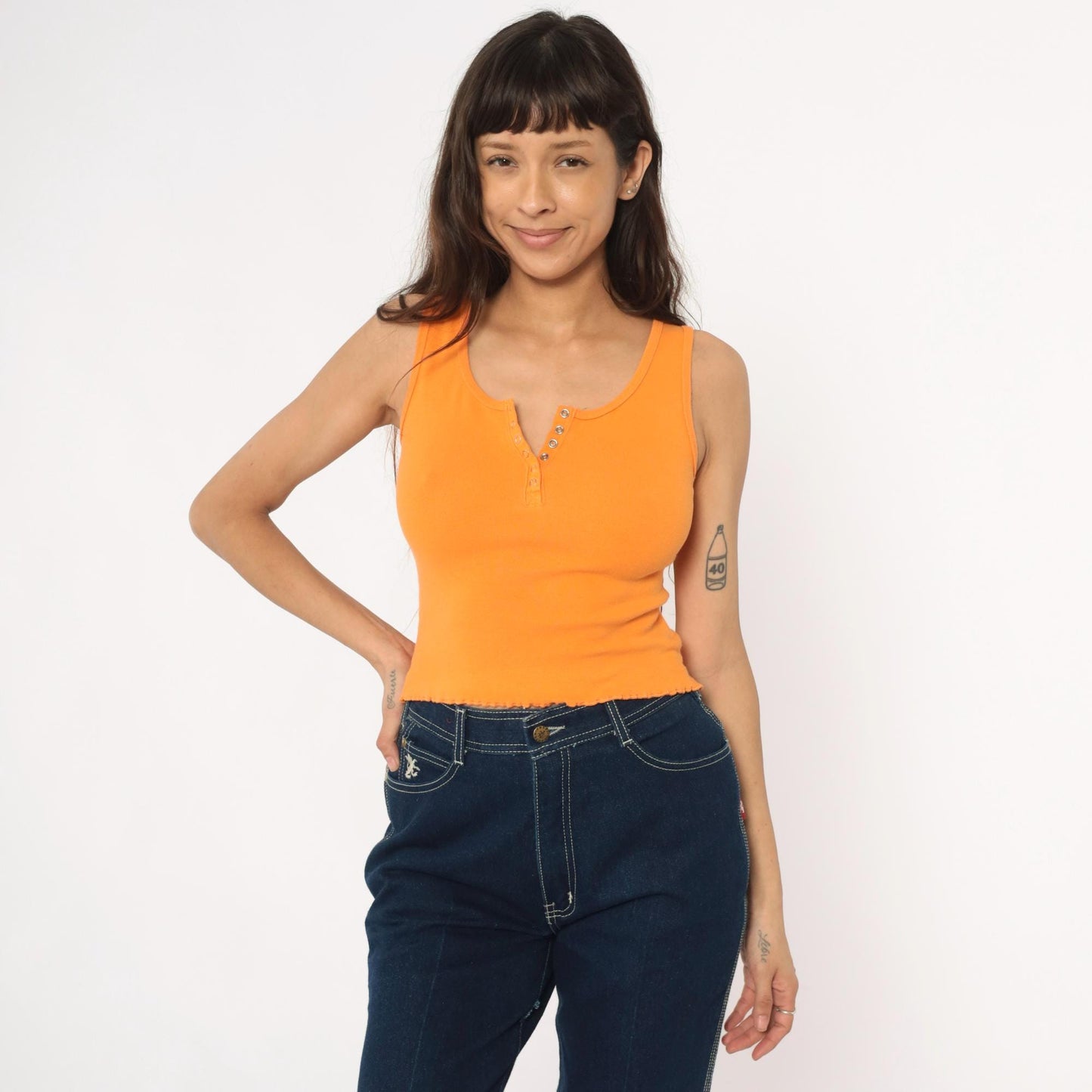 Y2K Orange Ribbed Crop Tank Top Button Front Lettuce Edge Medium M
