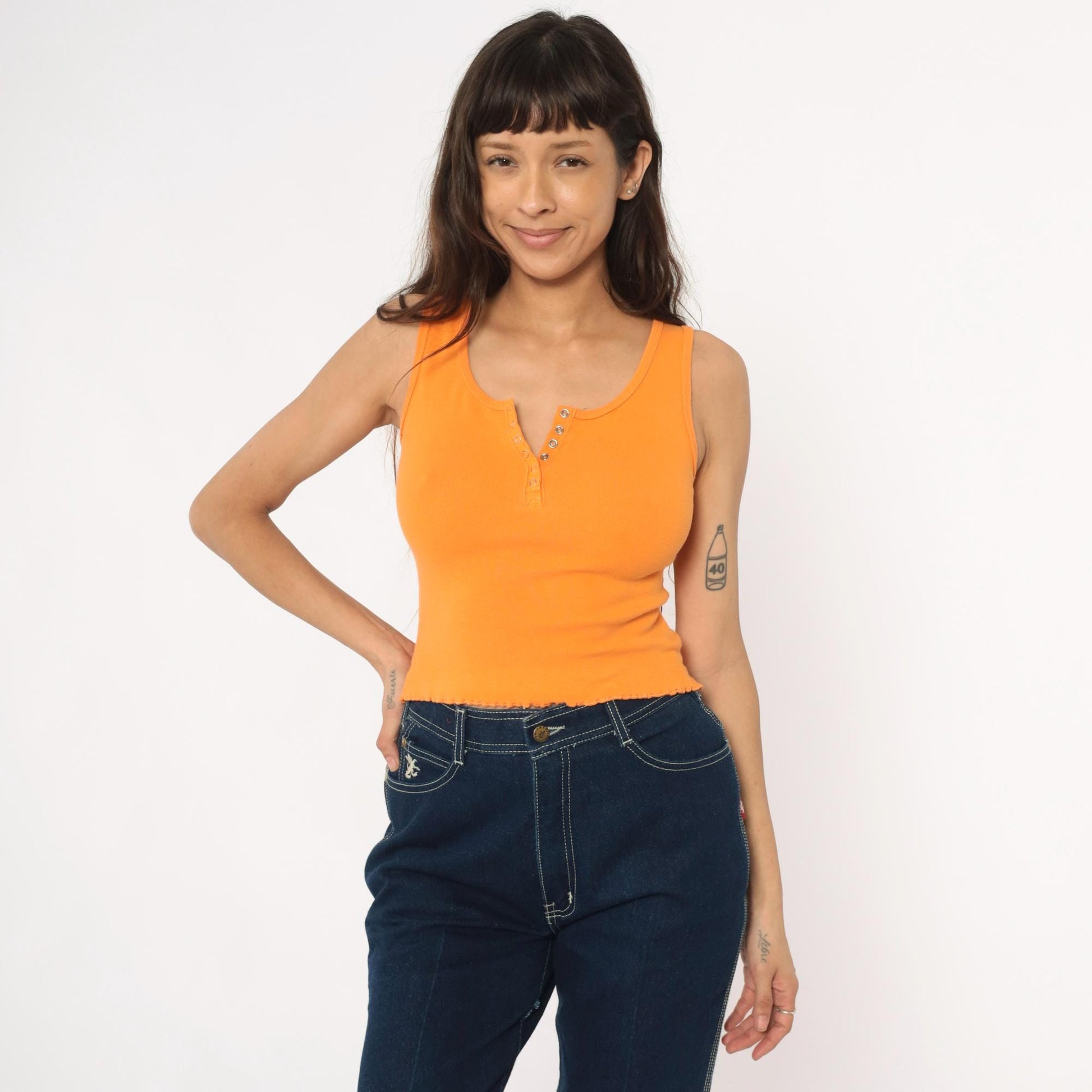Y2K Orange Ribbed Crop Tank Top Button Front Lettuce Edge Medium M