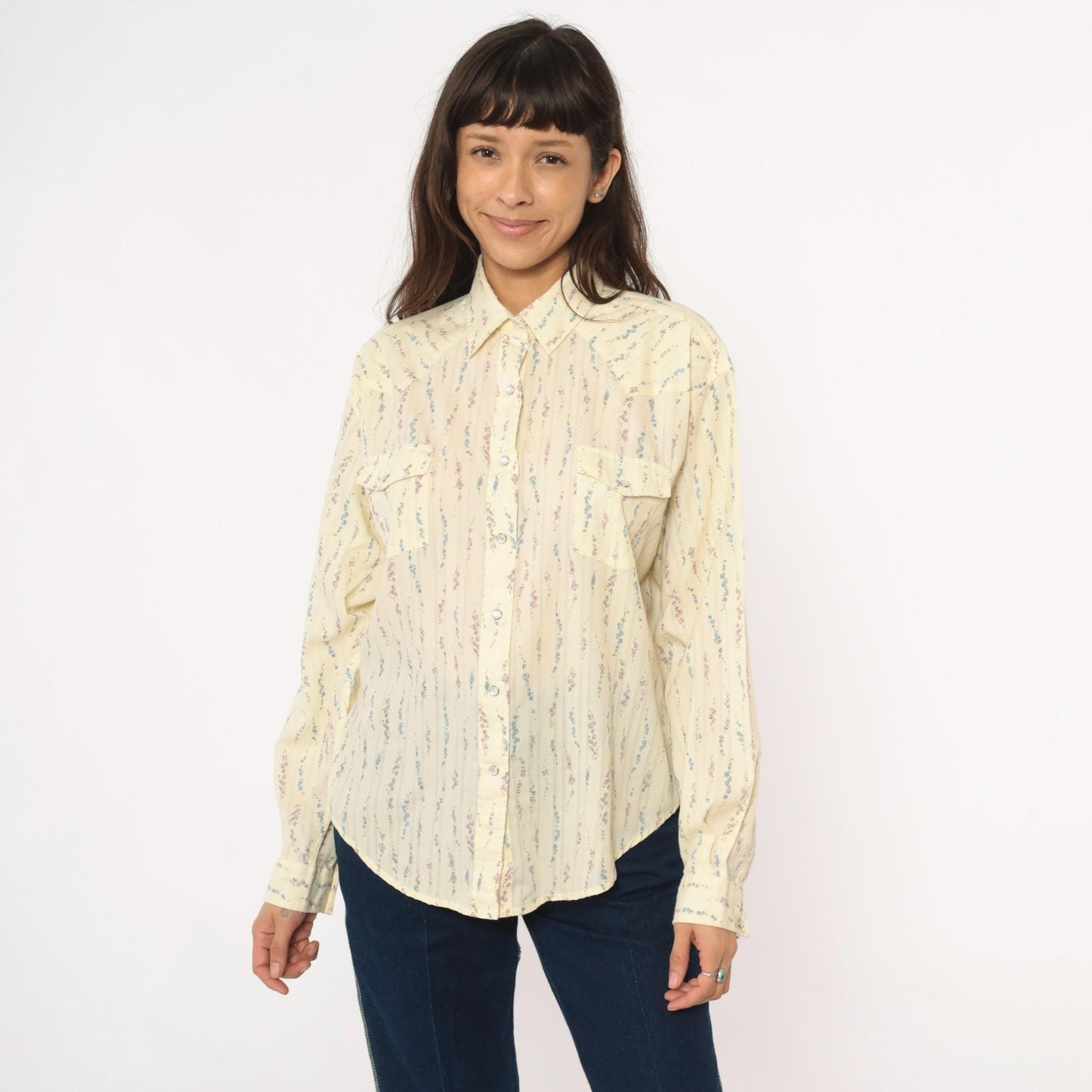 Y2K White Horse Western Shirt Pearl Snap Floral Stripe Cream Large L