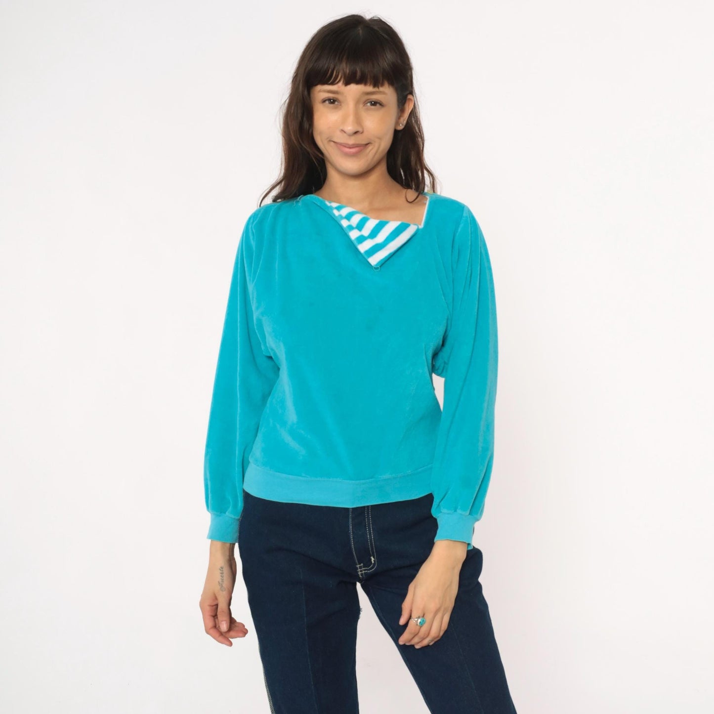 80s Terrycloth Sweatshirt Teal Asymmetrical Neck Striped Collar Pullover Small
