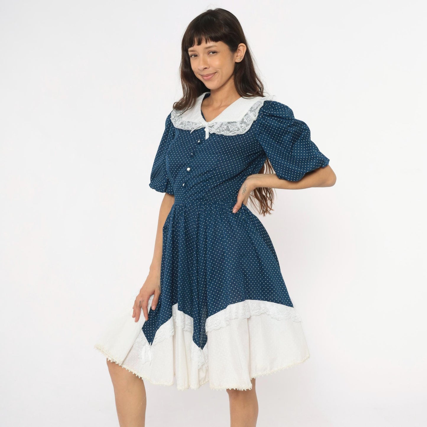 80s Navy Polka Dot Dress Puff Sleeve Lace Collar Handkerchief Hem Medium M