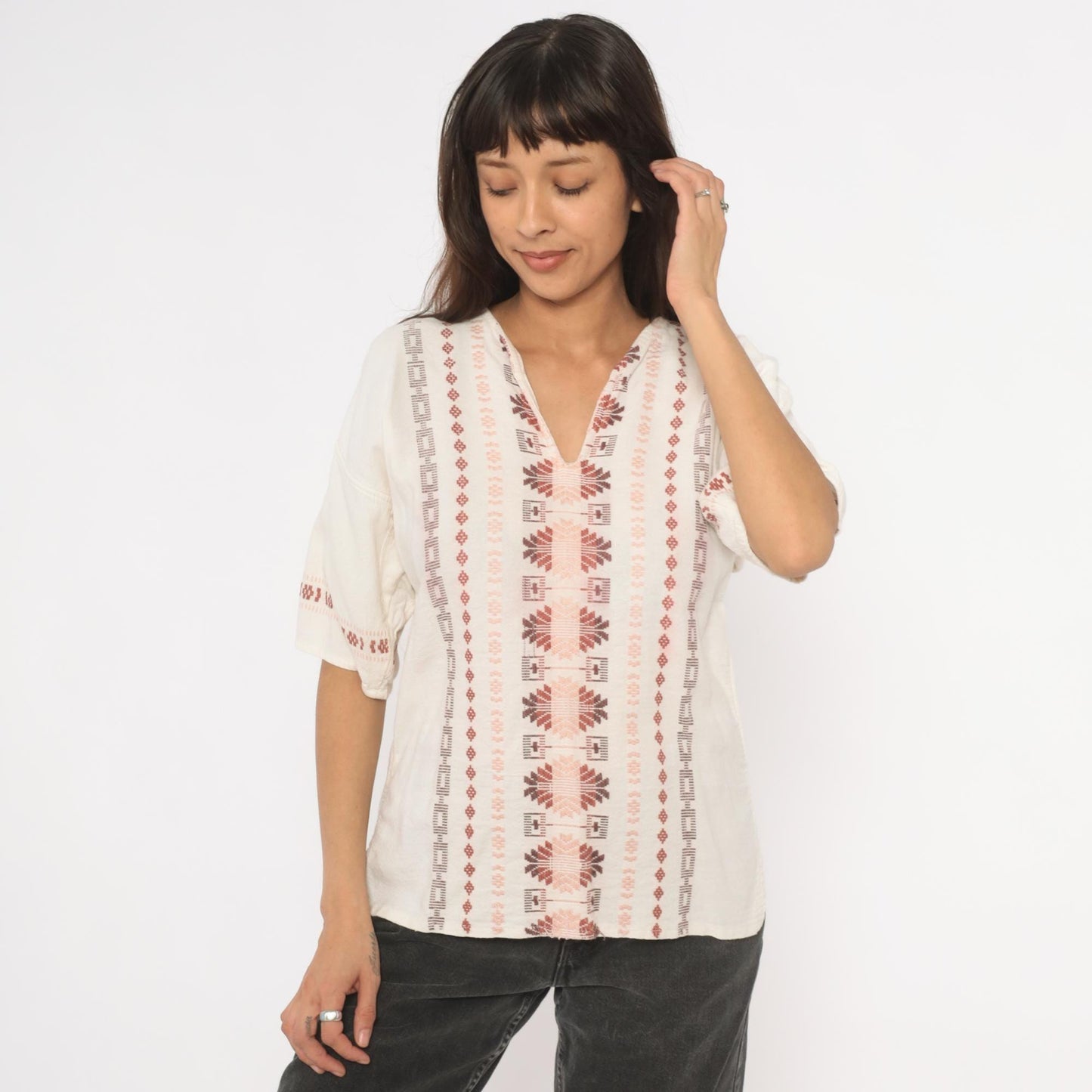 90s Cream Embroidered Blouse Cotton V-Neck Puff Sleeve Pullover Small S
