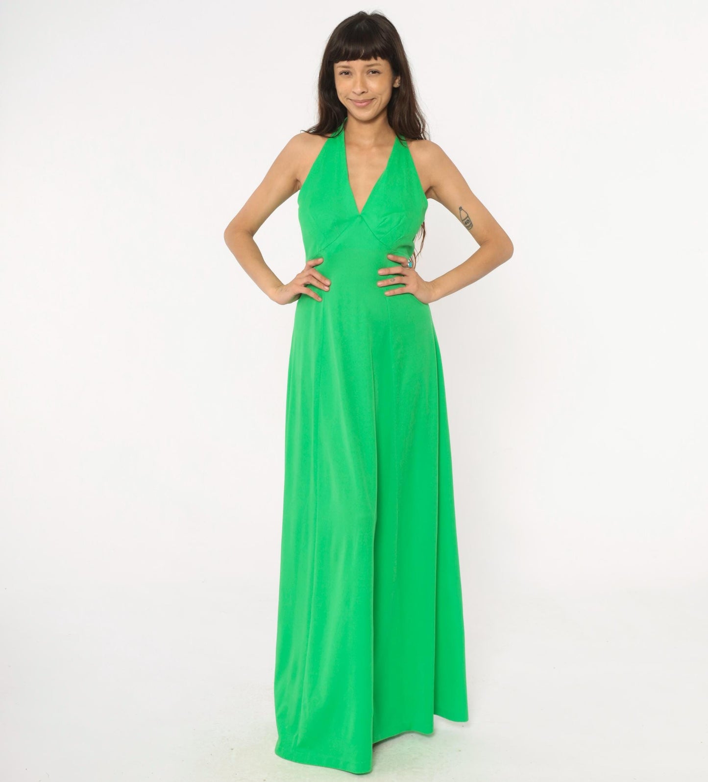 70s Green Halter Maxi Dress Deep V Neck Tie Waist Empire A-Line Medium