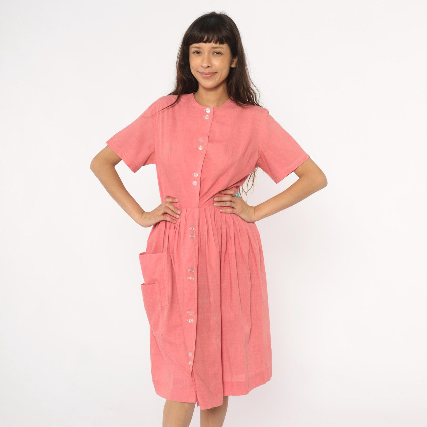 70s Coral Pink Cotton Day Dress Button Front Gathered Skirt Pockets Medium Large