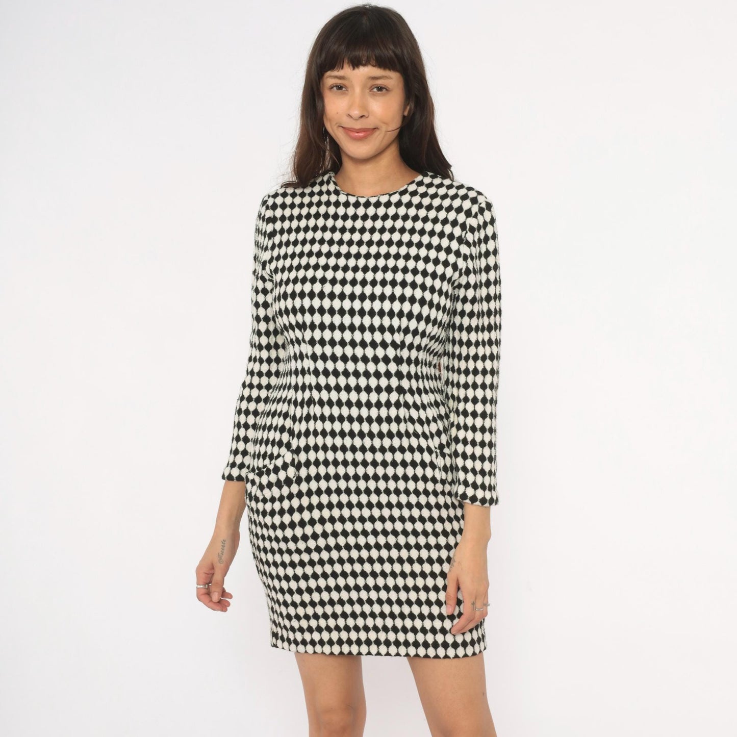 90s Jackie Bernard Checkerboard Mini Dress Black Cream Diamond Pattern Small S