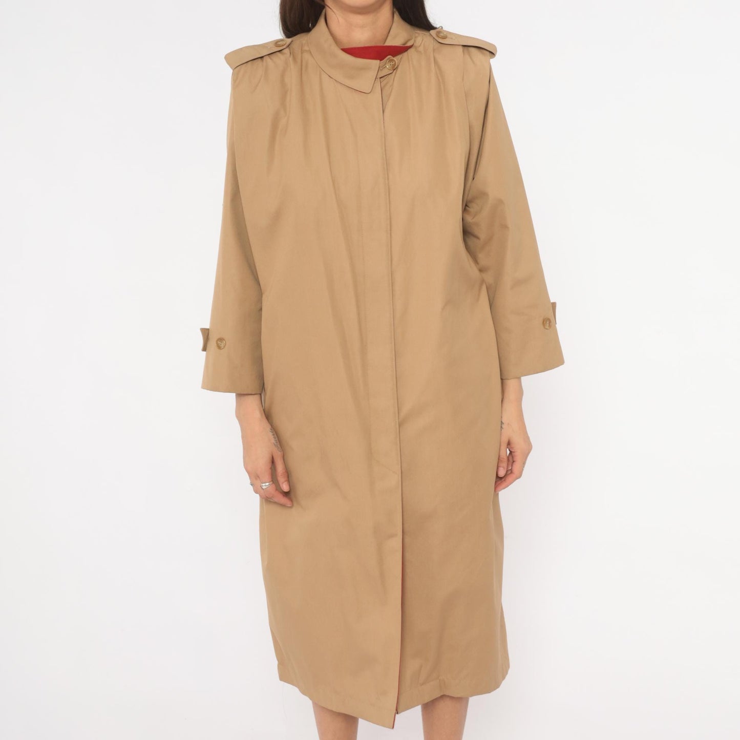 80s Tan Trench Coat Red Lined Button Front Epaulette Knee Length Large L